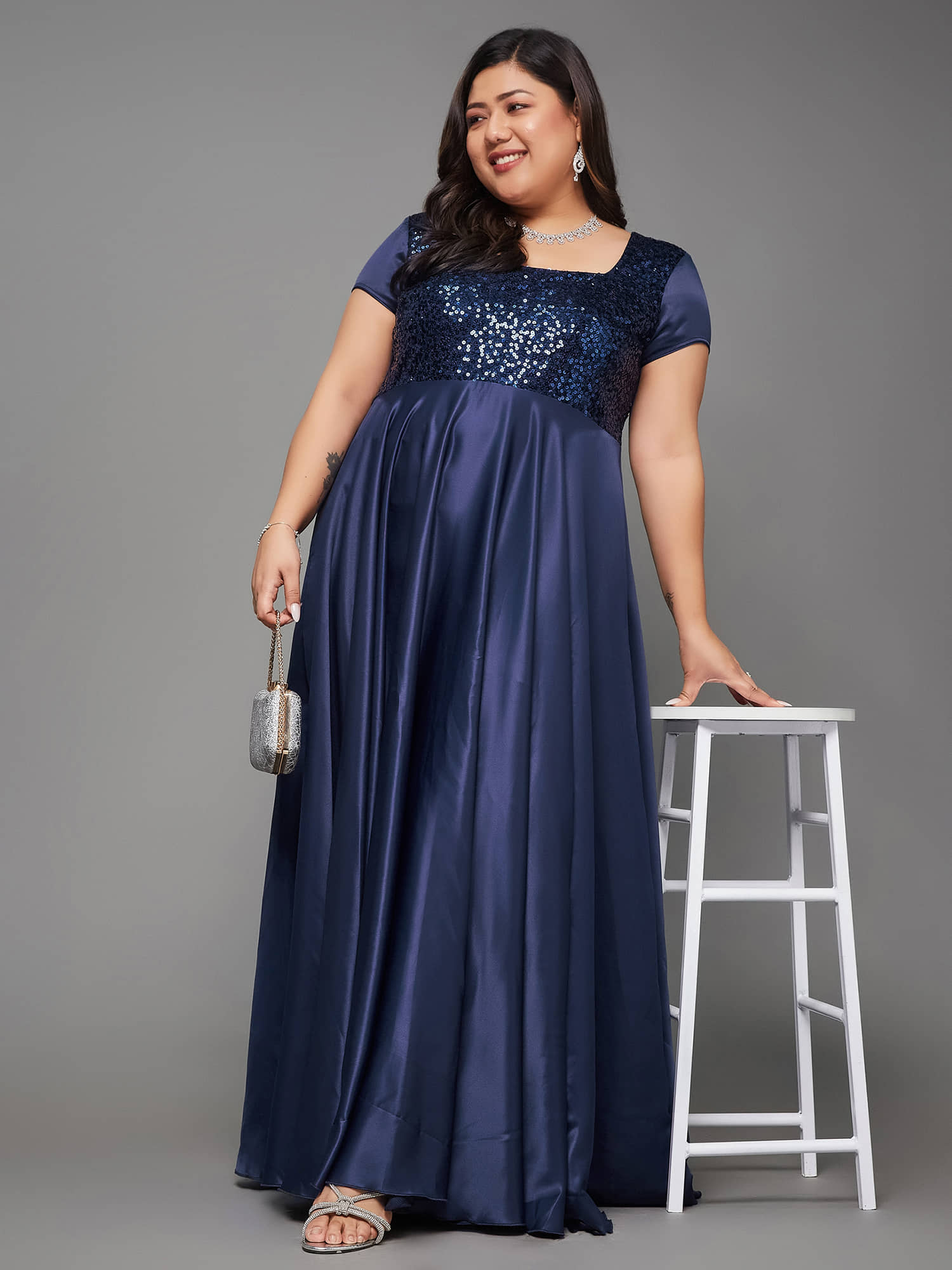 Miss Chase A+ Women Polyester Embellished Fit & Flare Dress ( Navy )