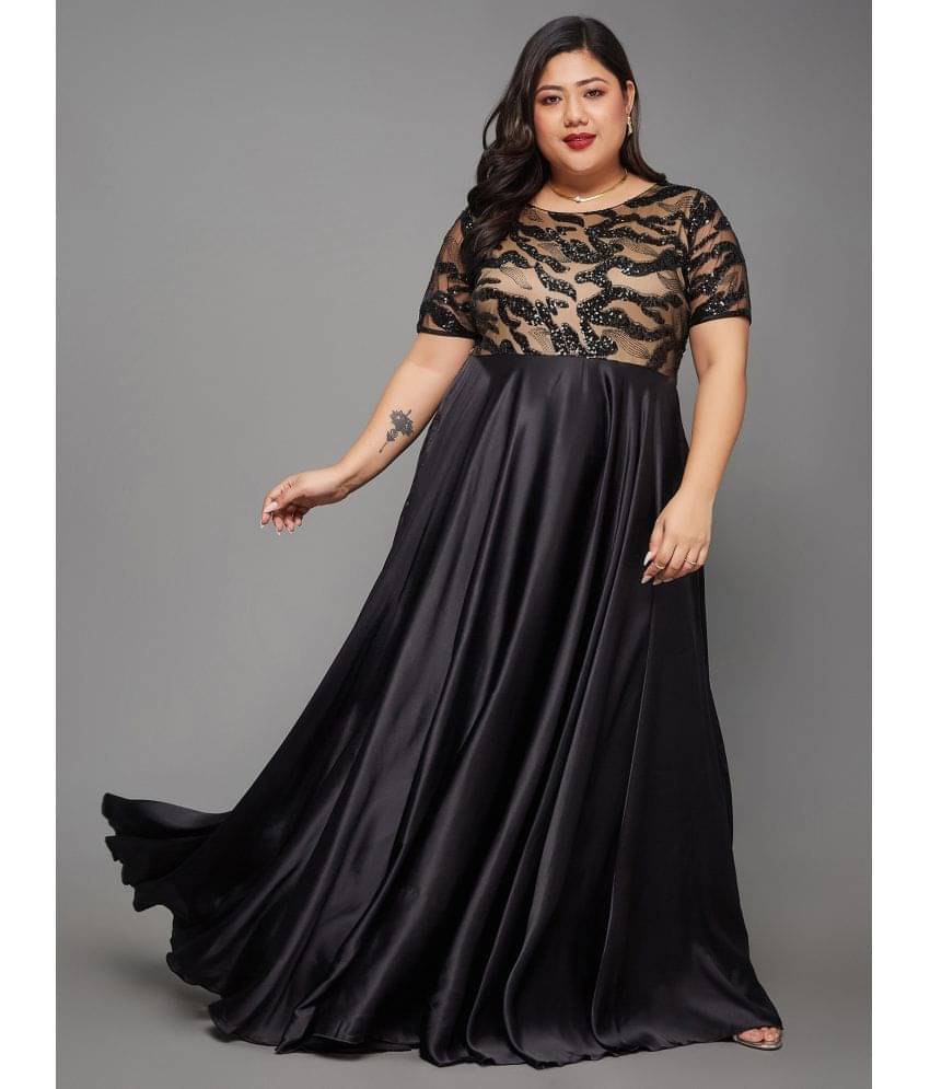 Miss Chase A+ Women Satin Self Design Fit & Flare Dress ( Black ) Miss Chase A+ Women Satin Self Design Fit & Flare Dress ( Black )