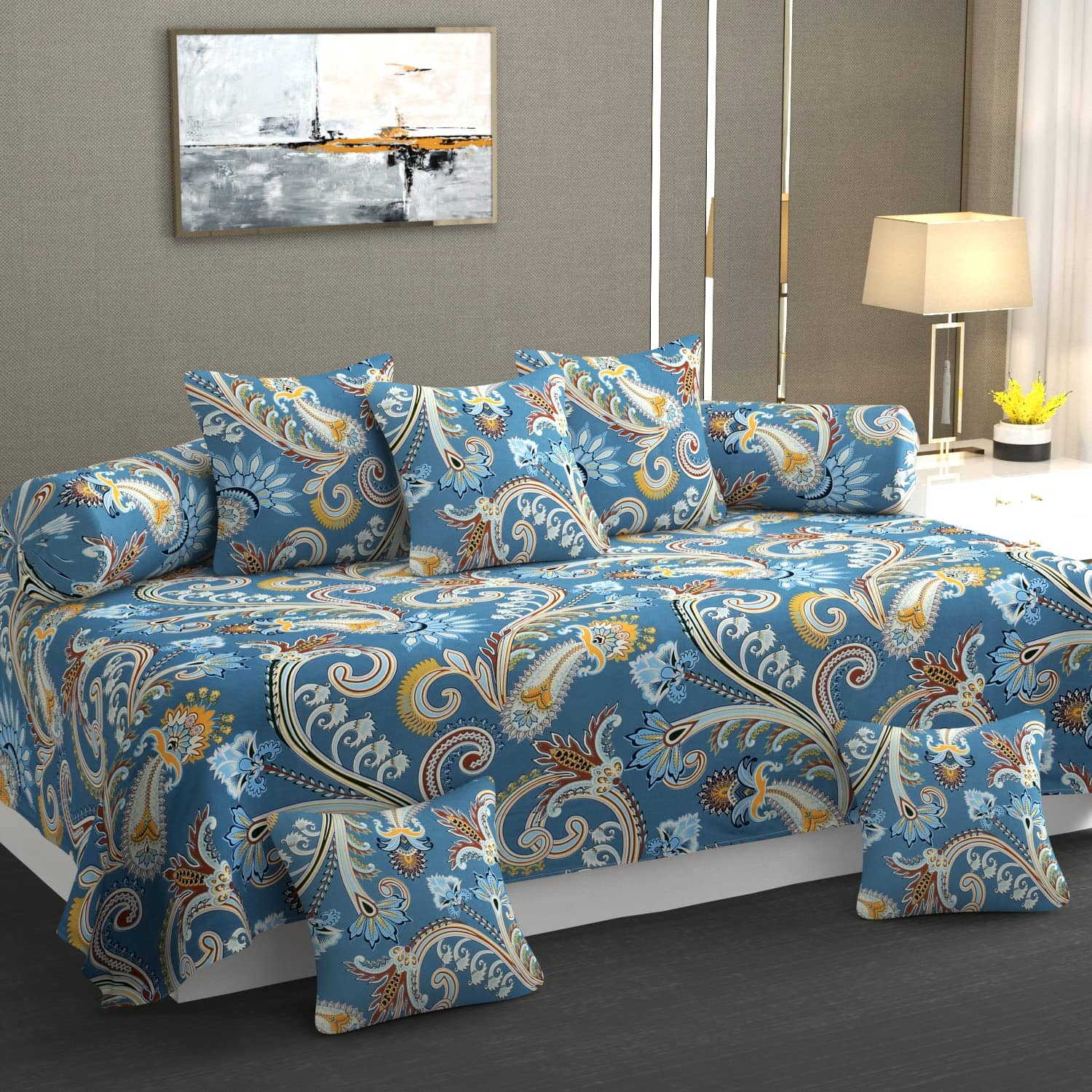 SHOMES Cotton Floral Diwan Set 8 Pcs - Blue