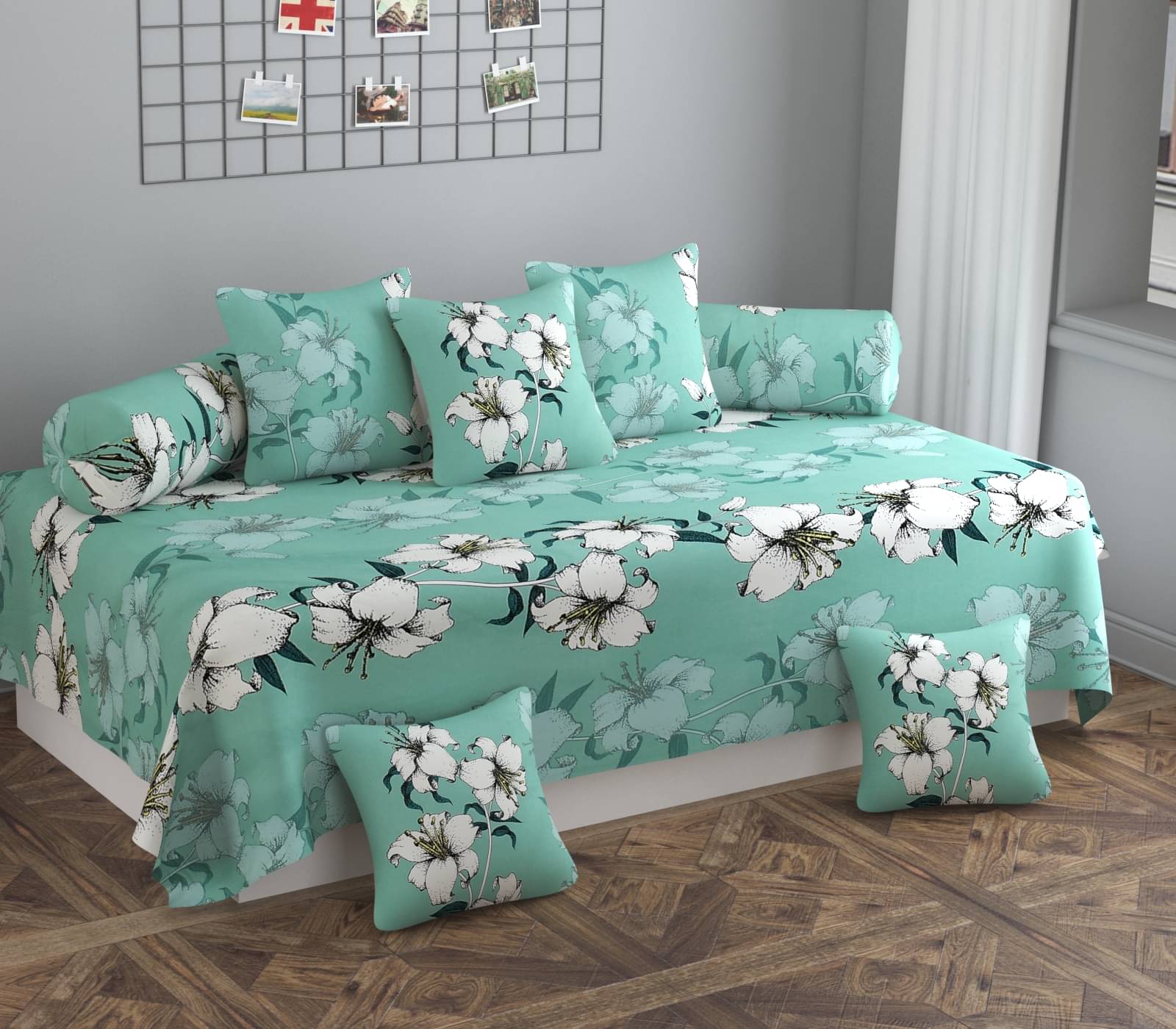     			SHOMES Cotton Floral Diwan Set 8 Pcs - Green