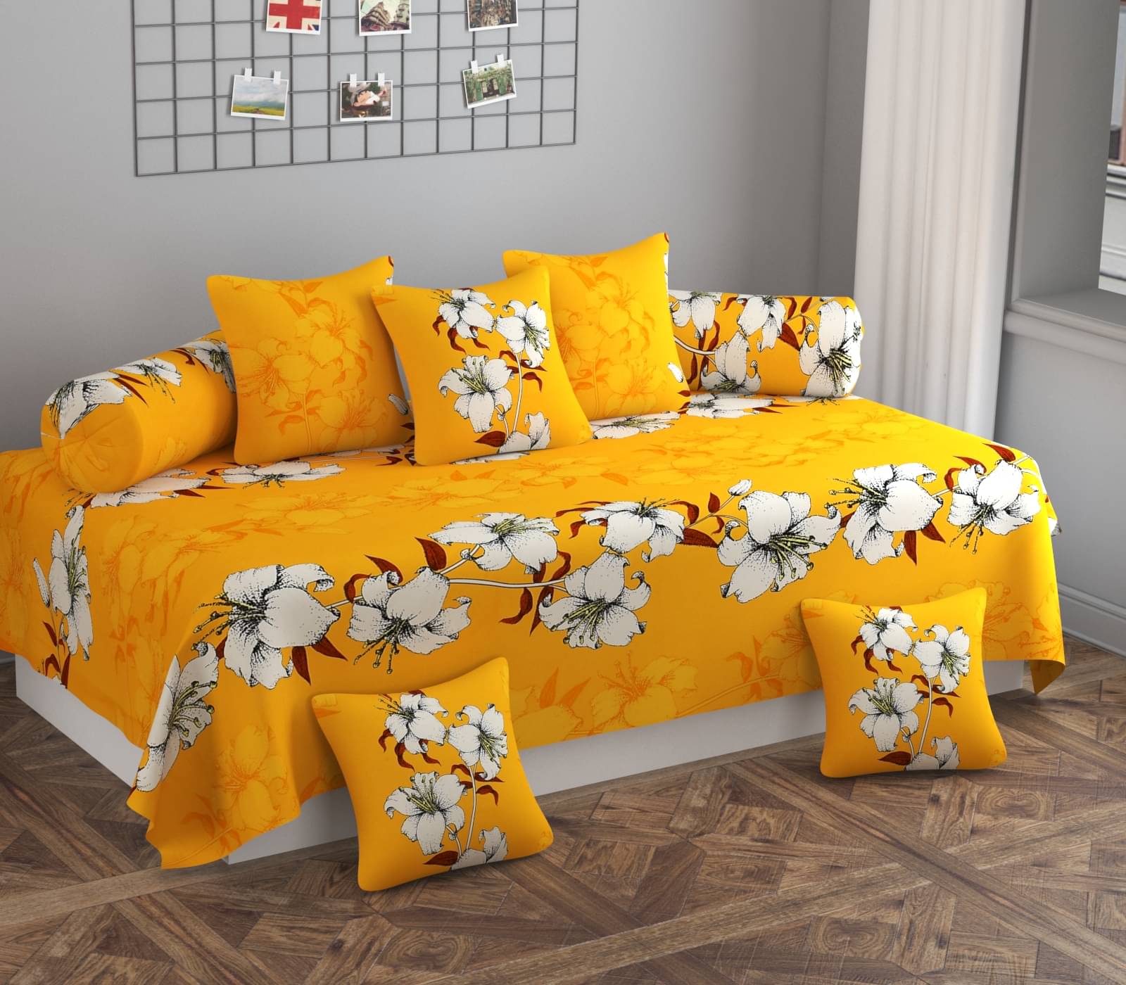 SHOMES Cotton Floral Diwan Set 8 Pcs - Yellow     			SHOMES Cotton Floral Diwan Set 8 Pcs - Yellow