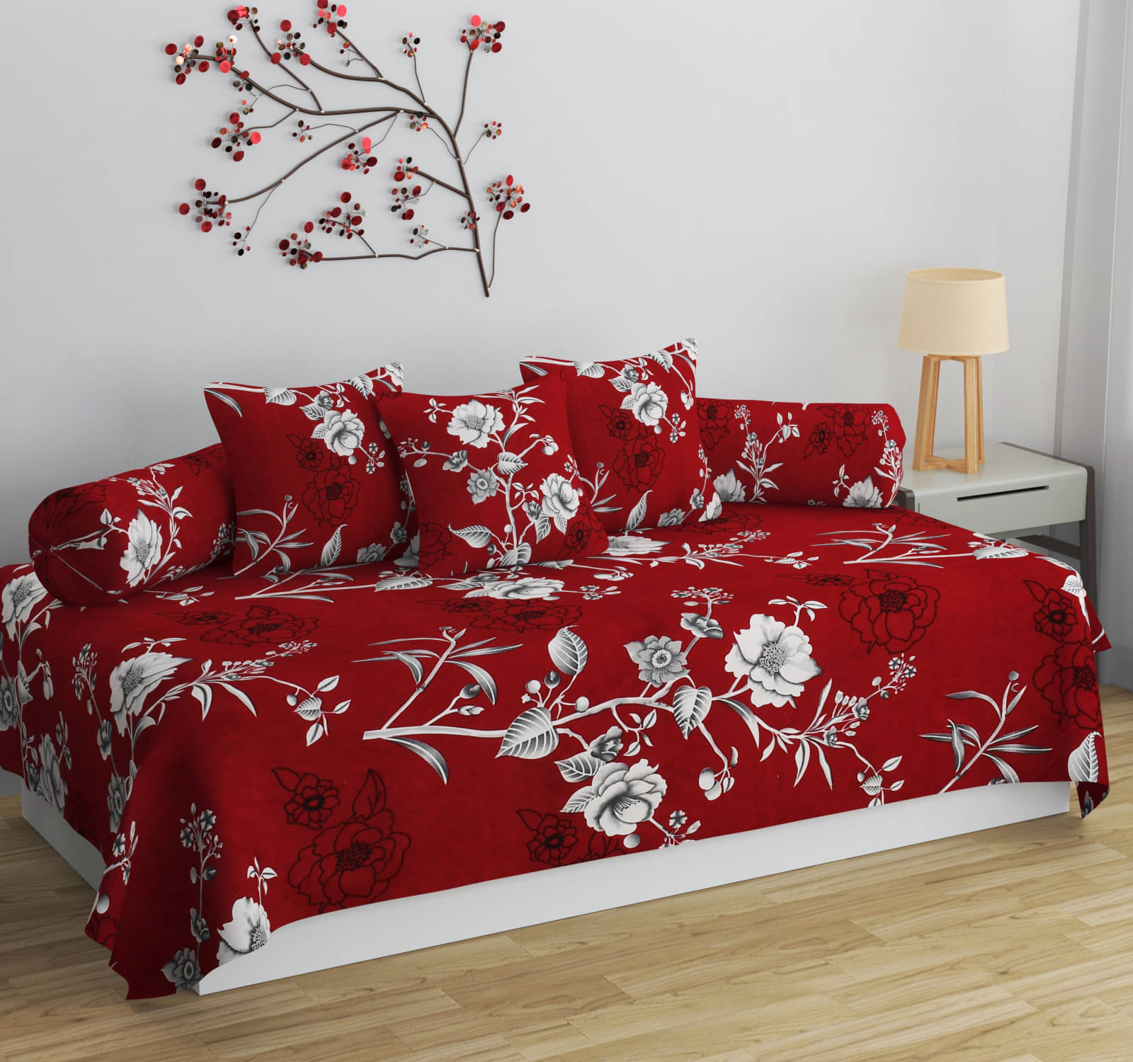 SHOMES Cotton Floral Diwan Set 6 Pcs - Maroon SHOMES Cotton Floral Diwan Set 6 Pcs - Maroon
