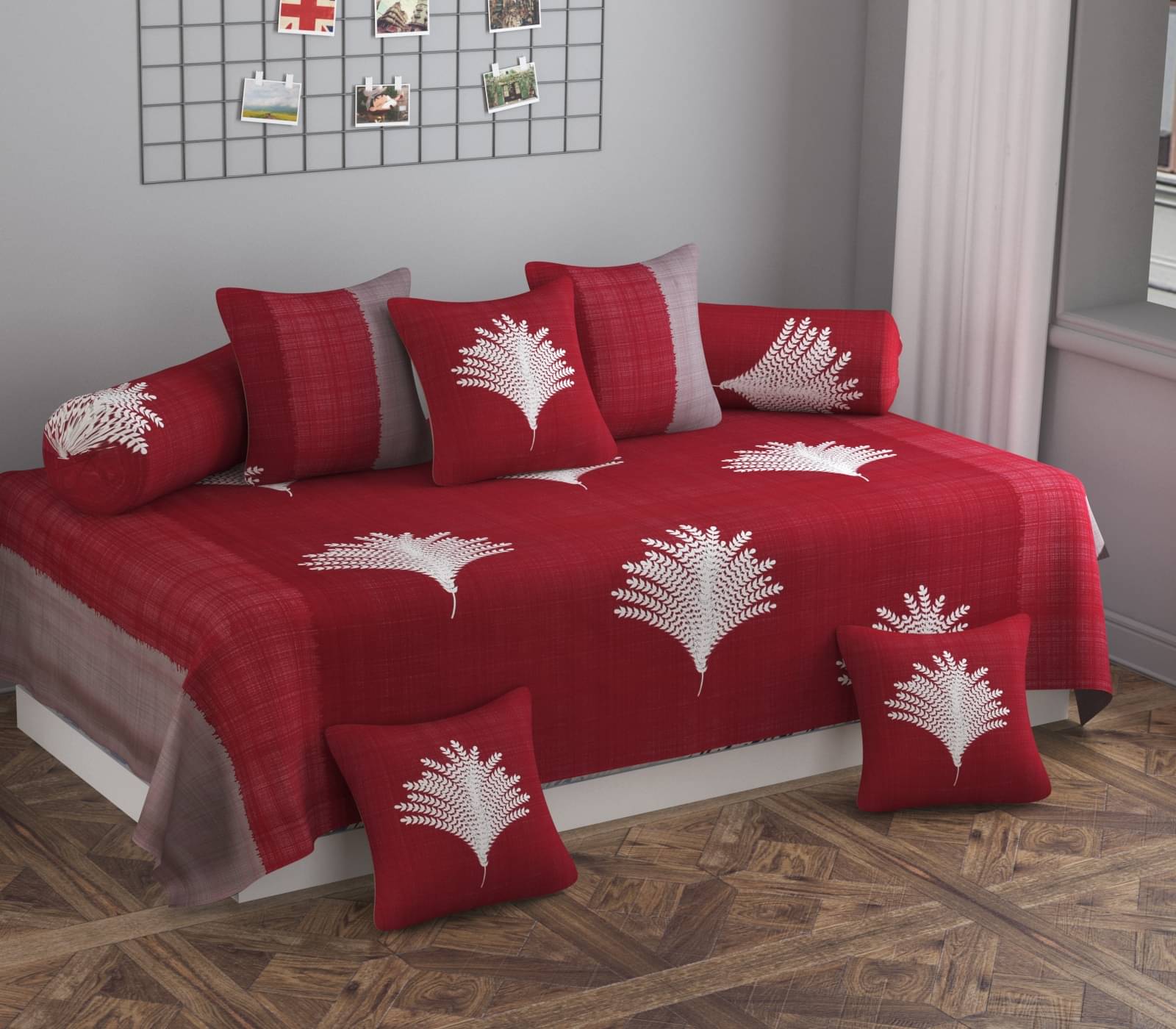     			SHOMES Cotton Floral Diwan Set 8 Pcs - Red