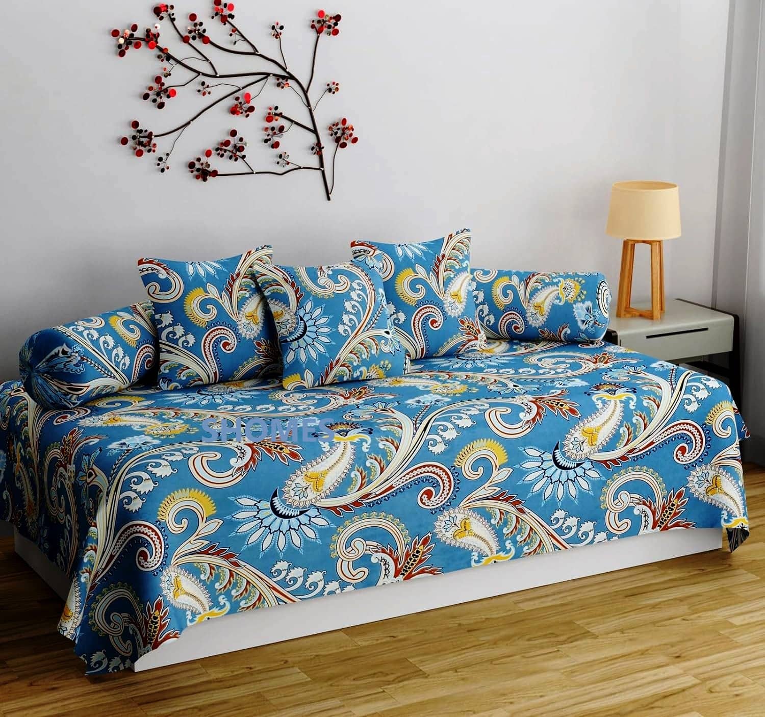 SHOMES Cotton Floral Diwan Set 6 Pcs - Blue