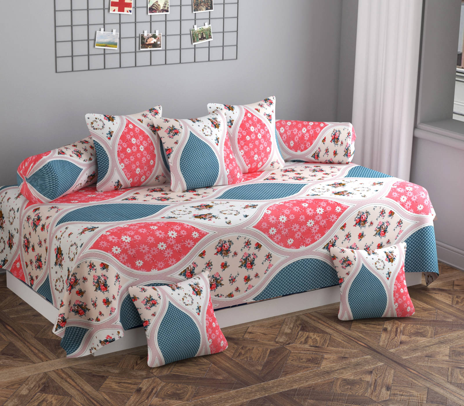     			SHOMES Cotton Geometric Diwan Set 8 Pcs - Pink