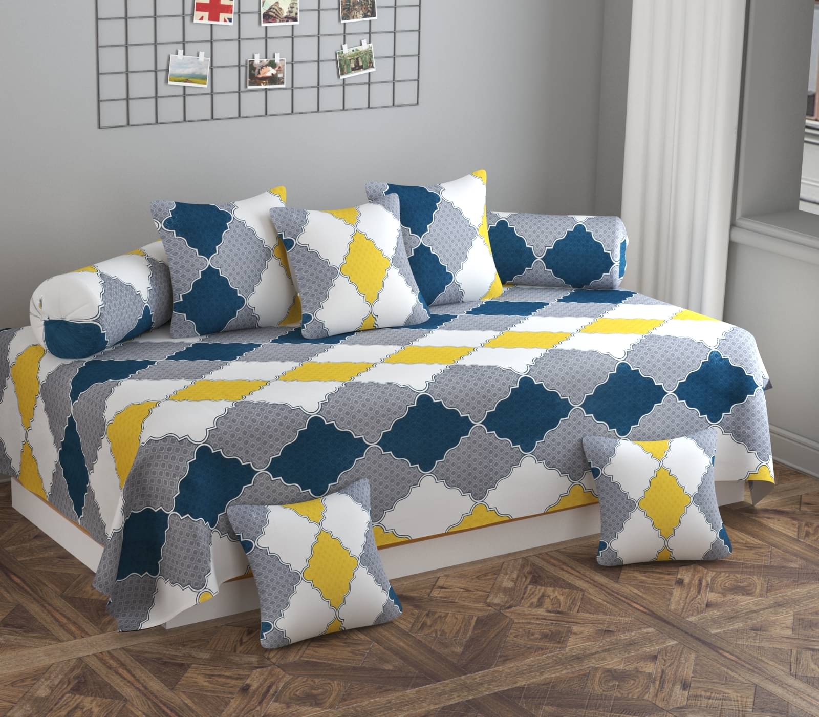     			SHOMES Cotton Geometric Diwan Set 8 Pcs - Yellow