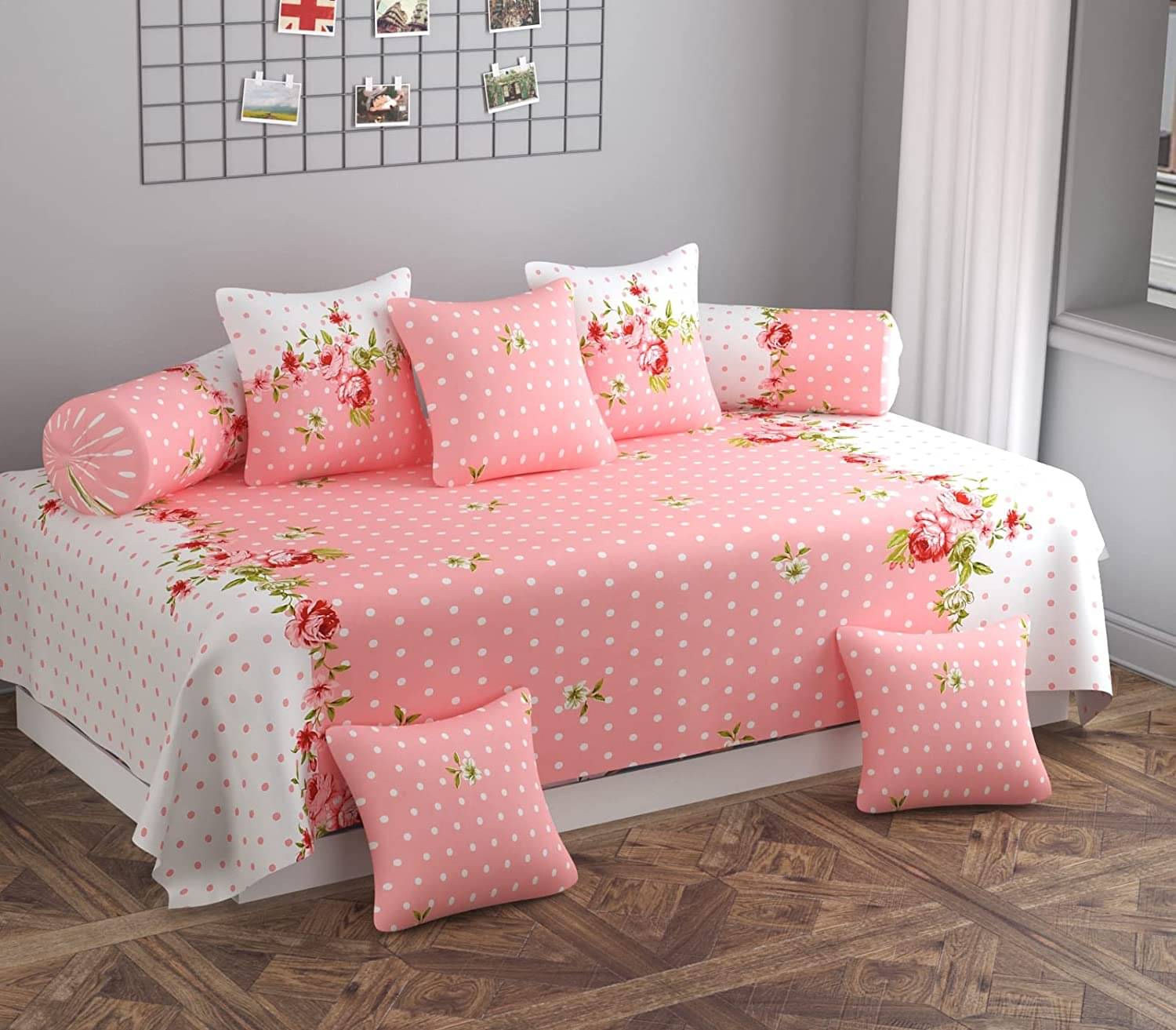     			SHOMES Cotton Polka Dots Diwan Set 8 Pcs - Pink