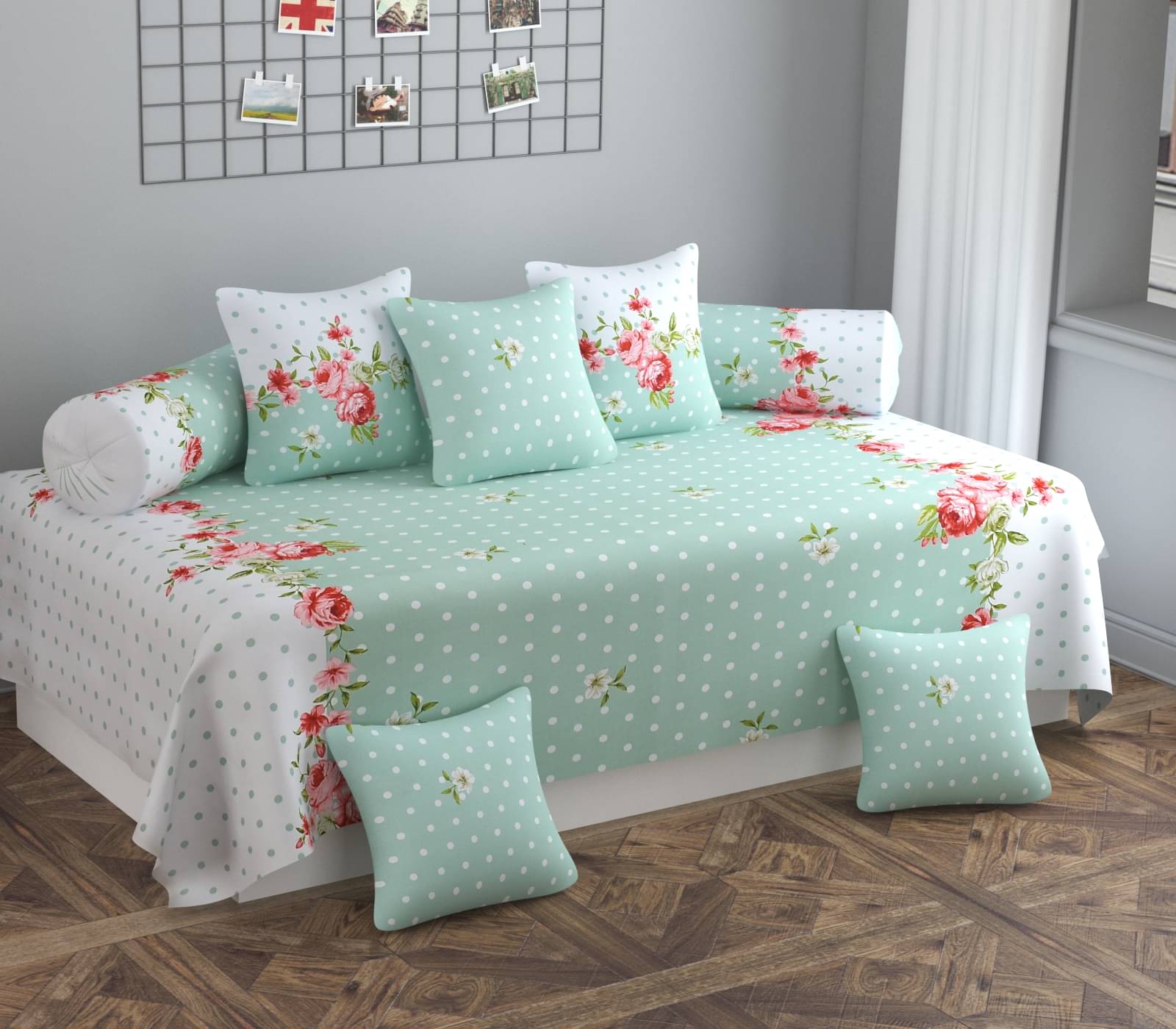     			SHOMES Cotton Polka Dots Diwan Set 8 Pcs - Green