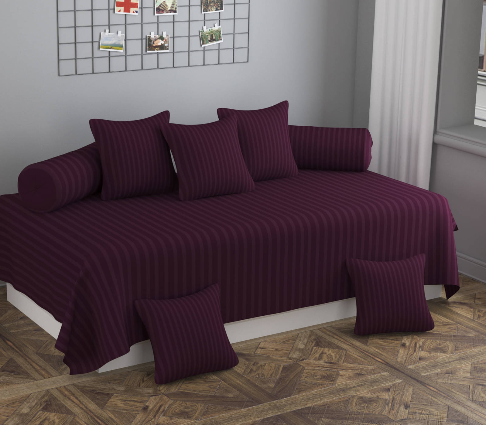 SHOMES Cotton Vertical Striped Diwan Set 8 Pcs - Maroon SHOMES Cotton Vertical Striped Diwan Set 8 Pcs - Maroon
