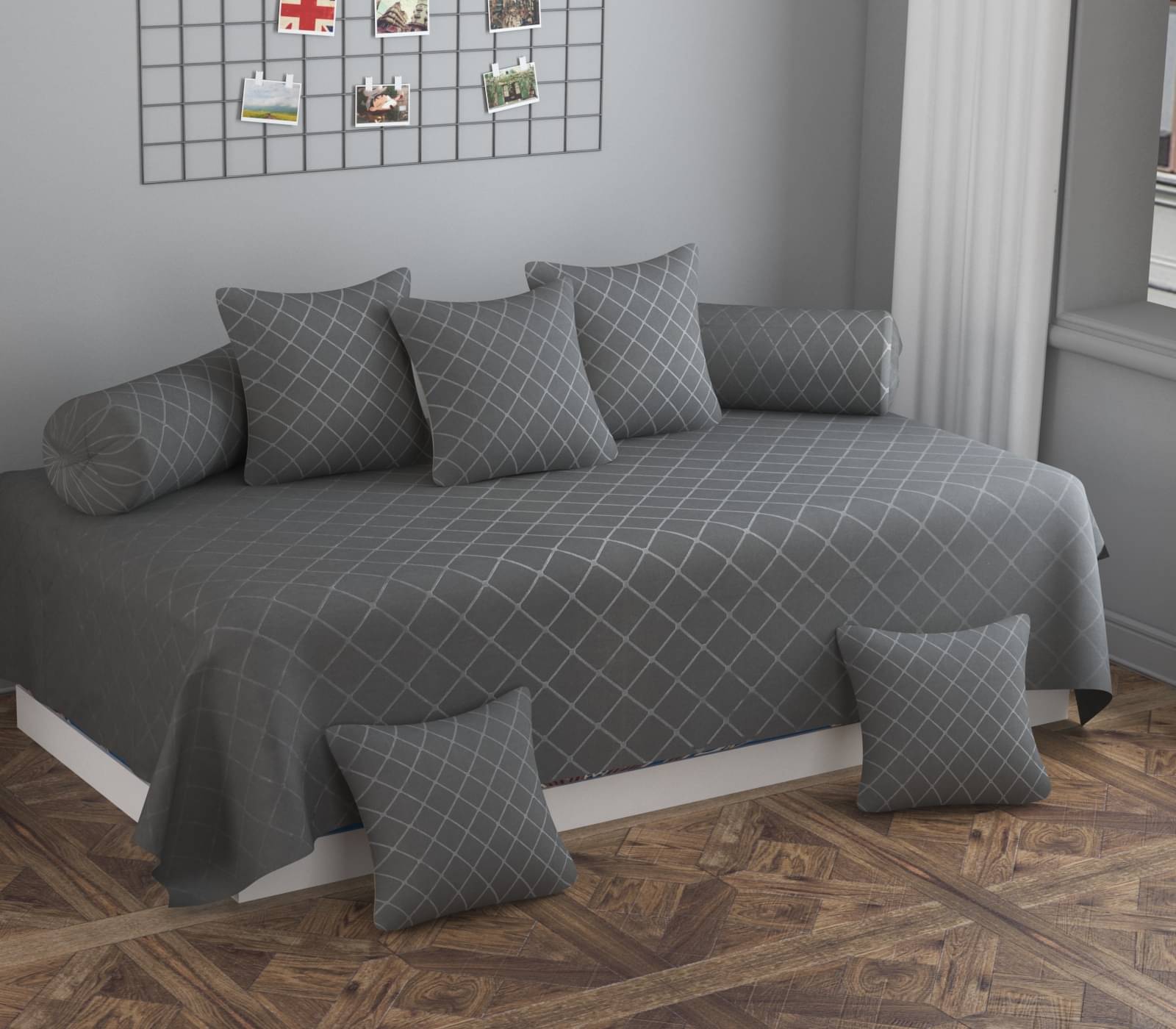 SHOMES Cotton Vertical Striped Diwan Set 8 Pcs - Gray SHOMES Cotton Vertical Striped Diwan Set 8 Pcs - Gray