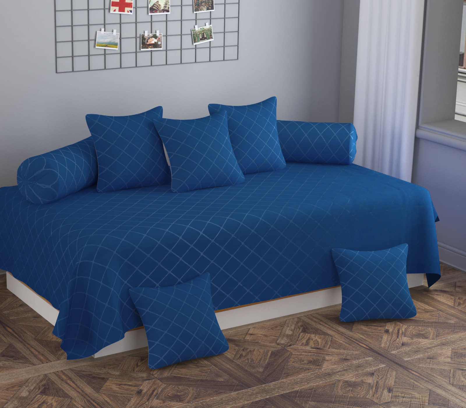 SHOMES Cotton Vertical Striped Diwan Set 8 Pcs - Blue
