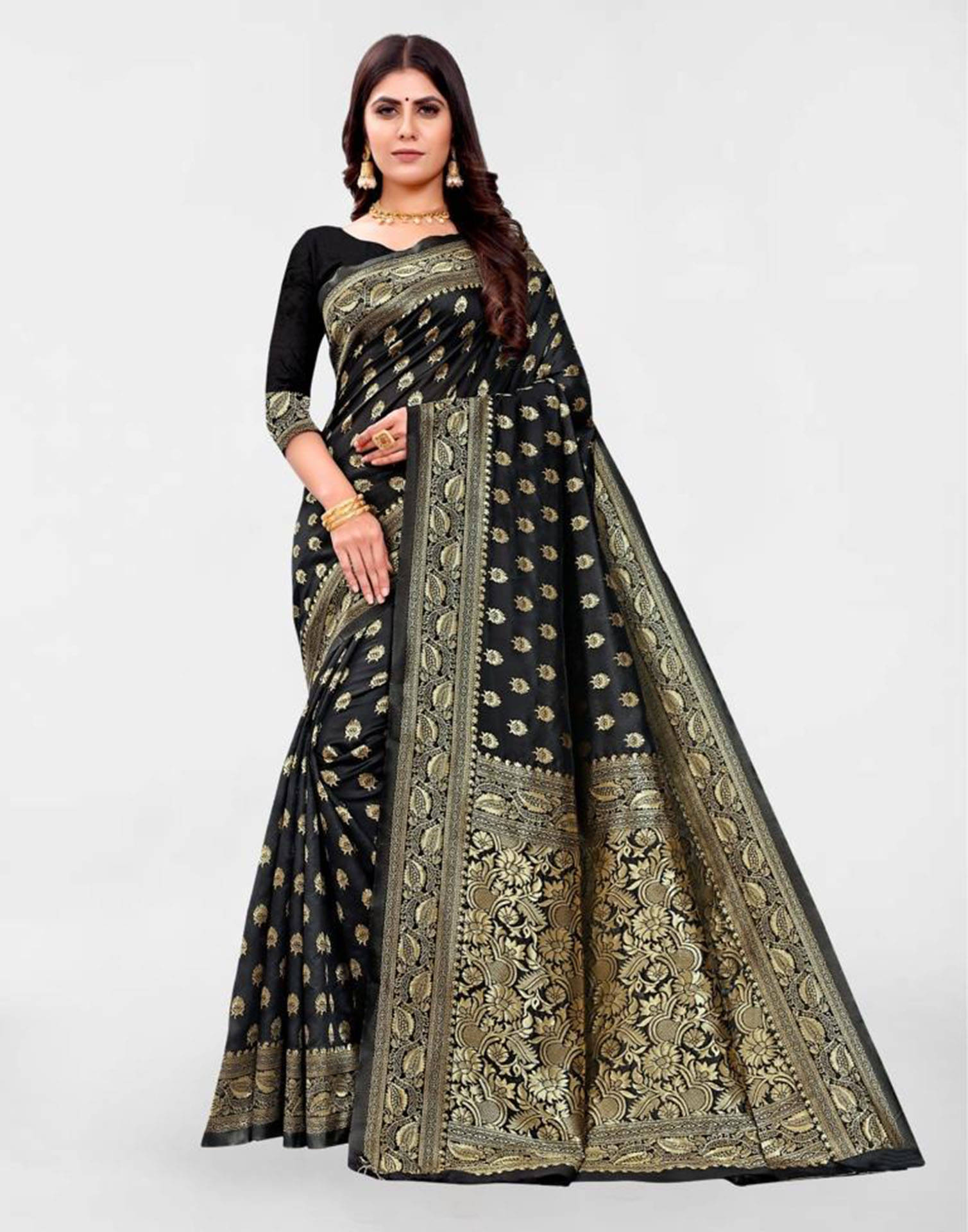     			Samah Art Silk Self Design Saree With Unstitched Blouse Piece ( Black )