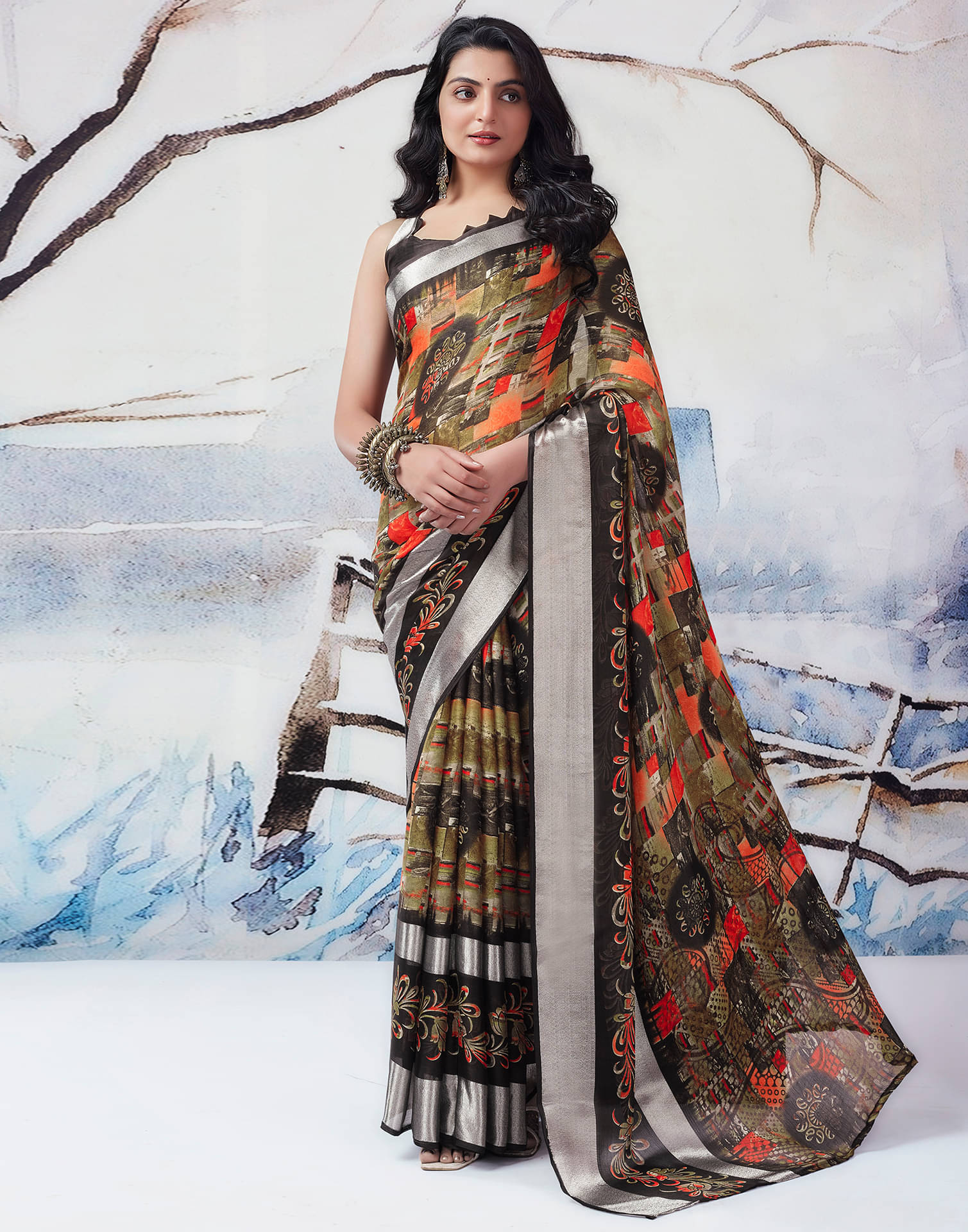     			Samah Chiffon Printed Saree With Unstitched Blouse Piece ( Multicolour )