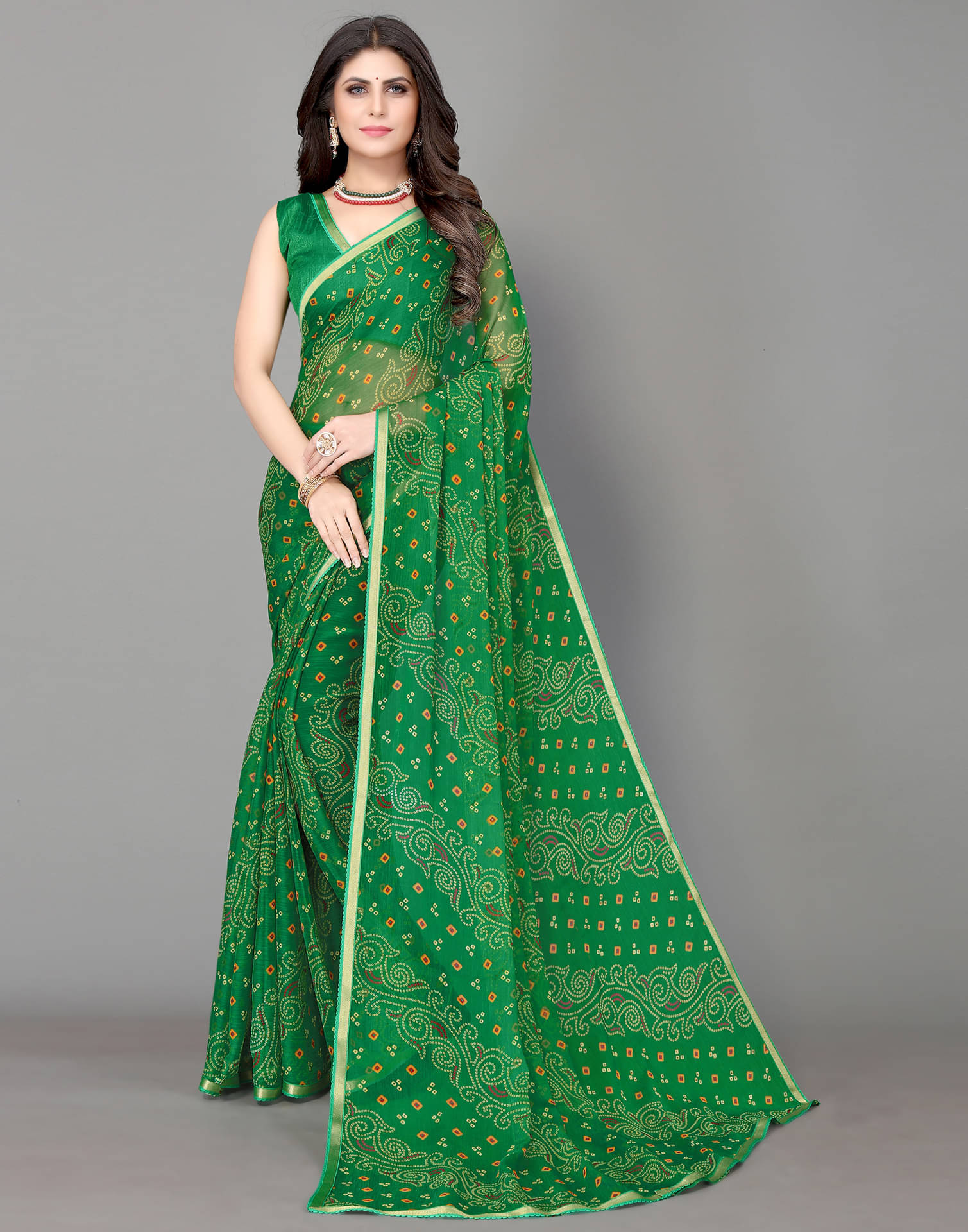     			Samah Chiffon Printed Saree With Unstitched Blouse Piece ( Green )