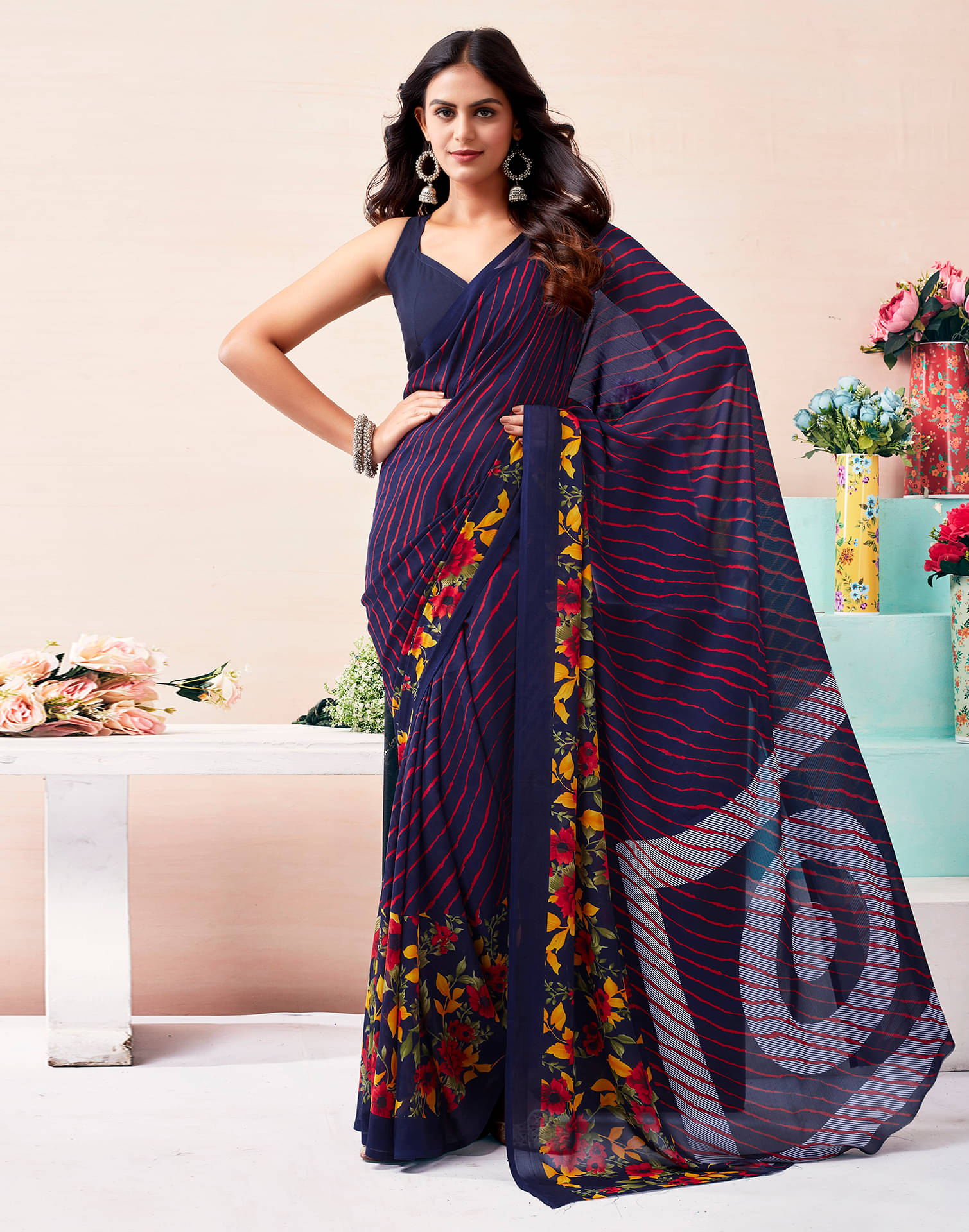     			Samah Georgette Printed Saree With Unstitched Blouse Piece ( Navy Blue )