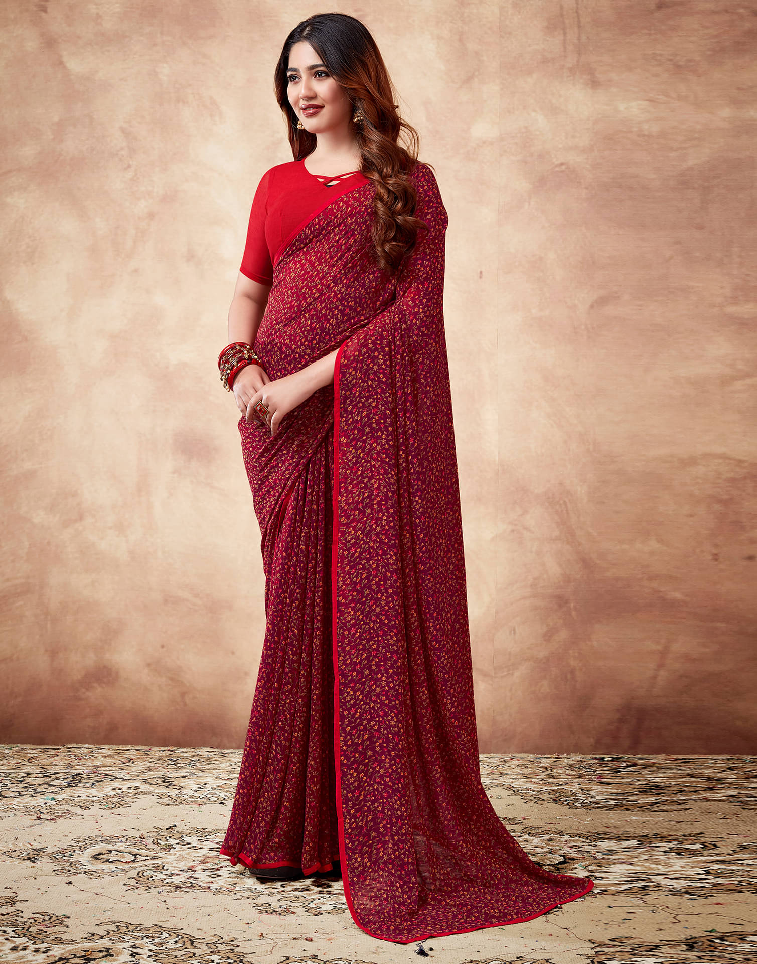     			Samah Georgette Printed Saree With Unstitched Blouse Piece ( Maroon )