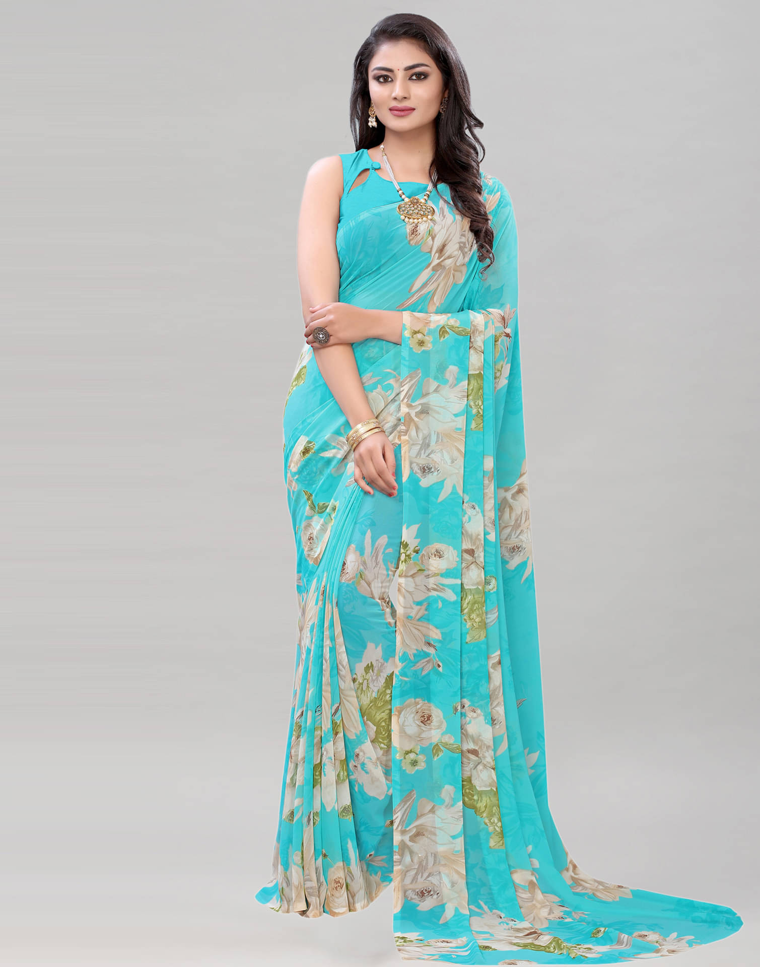Samah Georgette Printed Saree With Unstitched Blouse Piece ( SkyBlue ) Samah Georgette Printed Saree With Unstitched Blouse Piece ( SkyBlue )
