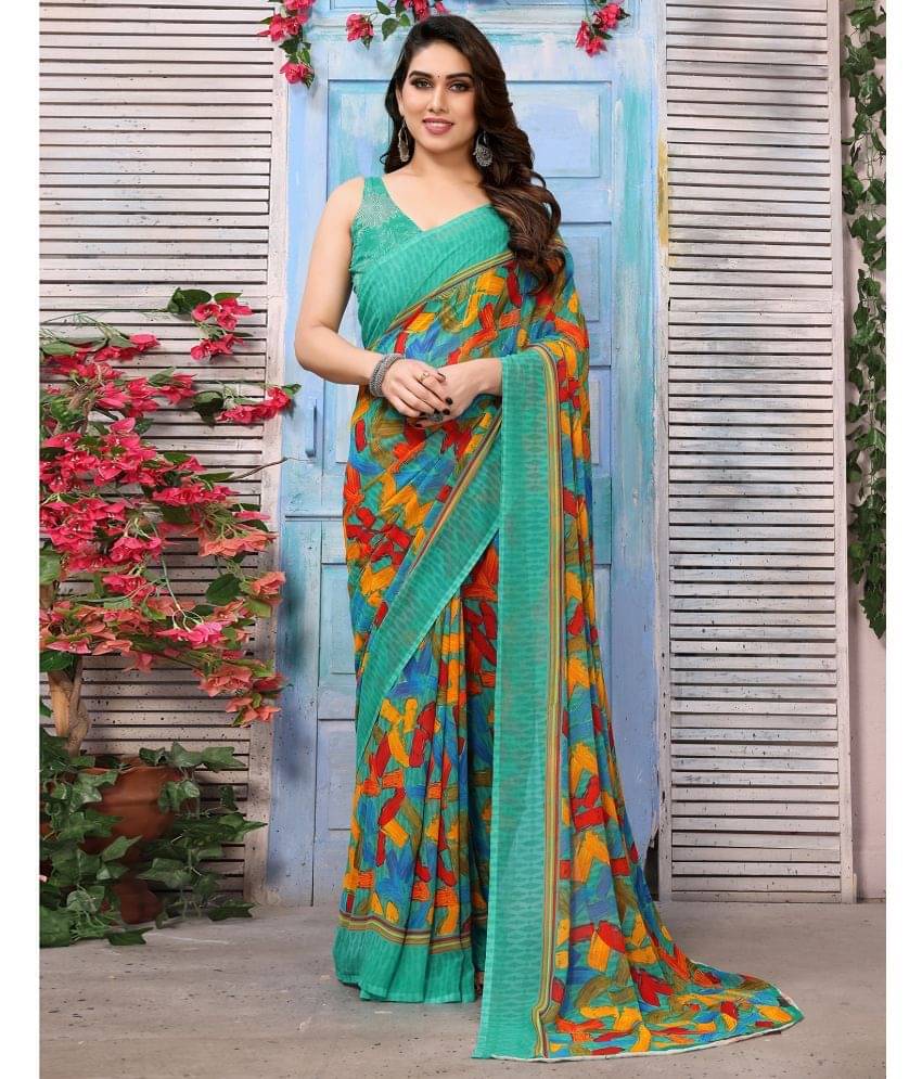 Samah Georgette Printed Saree With Unstitched Blouse Piece ( Turquoise ) Samah Georgette Printed Saree With Unstitched Blouse Piece ( Turquoise )