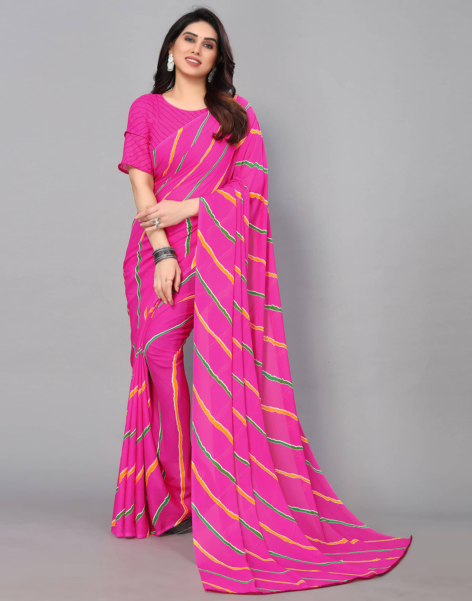     			Samah Georgette Striped Saree With Unstitched Blouse Piece ( Pink )