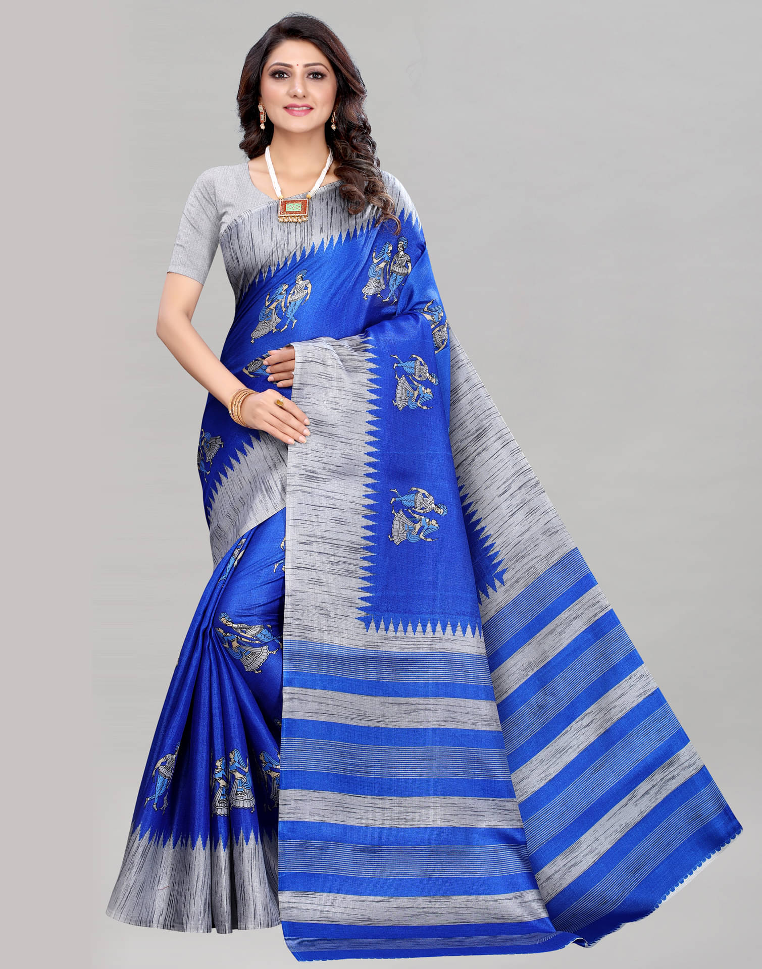 Samah Silk Printed Saree With Unstitched Blouse Piece ( Blue ) Samah Silk Printed Saree With Unstitched Blouse Piece ( Blue )