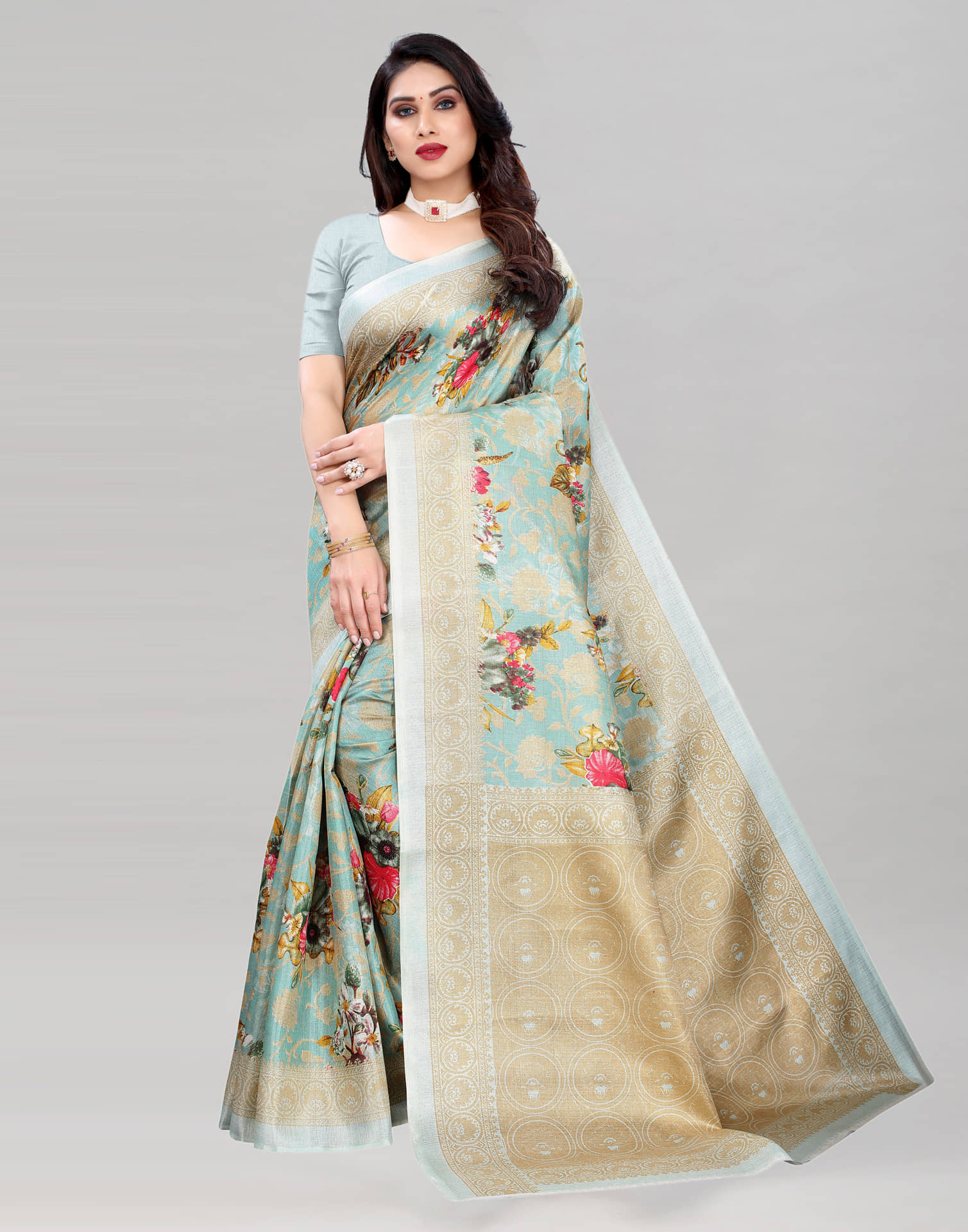 Samah Silk Printed Saree With Unstitched Blouse Piece ( Mint Green ) - Sarees | Buy online on ZillyBuy