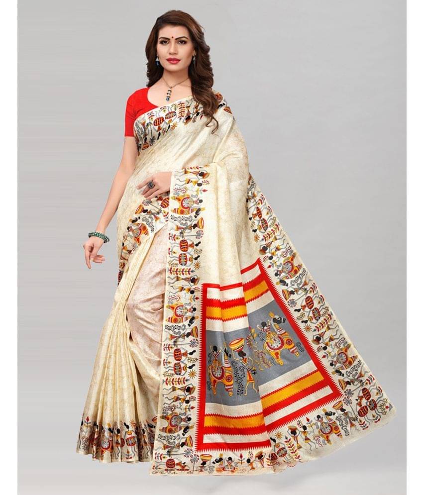Samah Silk Printed Saree With Unstitched Blouse Piece ( Off White ) Samah Silk Printed Saree With Unstitched Blouse Piece ( Off White )