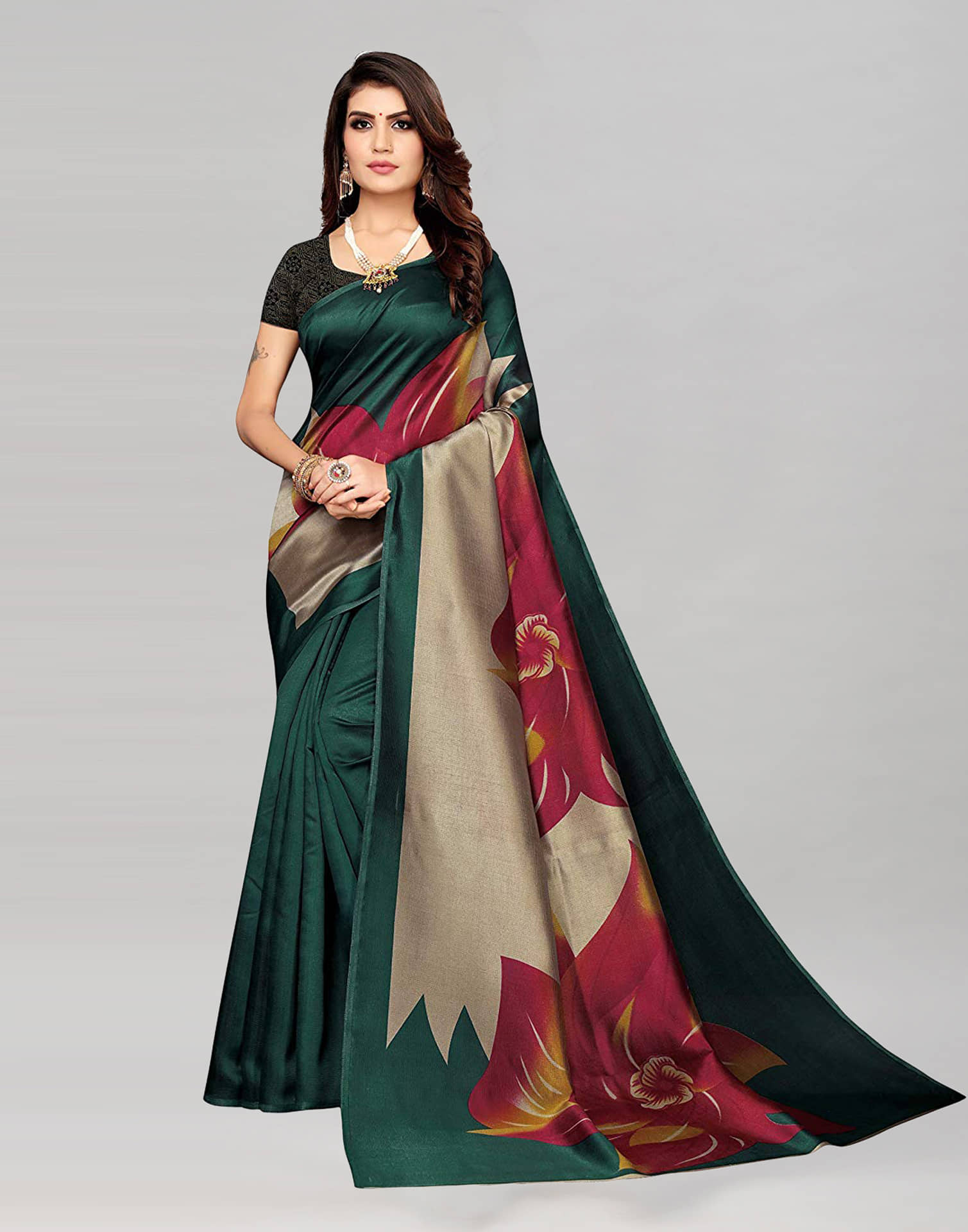 Samah Silk Printed Saree With Unstitched Blouse Piece ( Navy Blue ) - Sarees | Buy online on ZillyBuy
