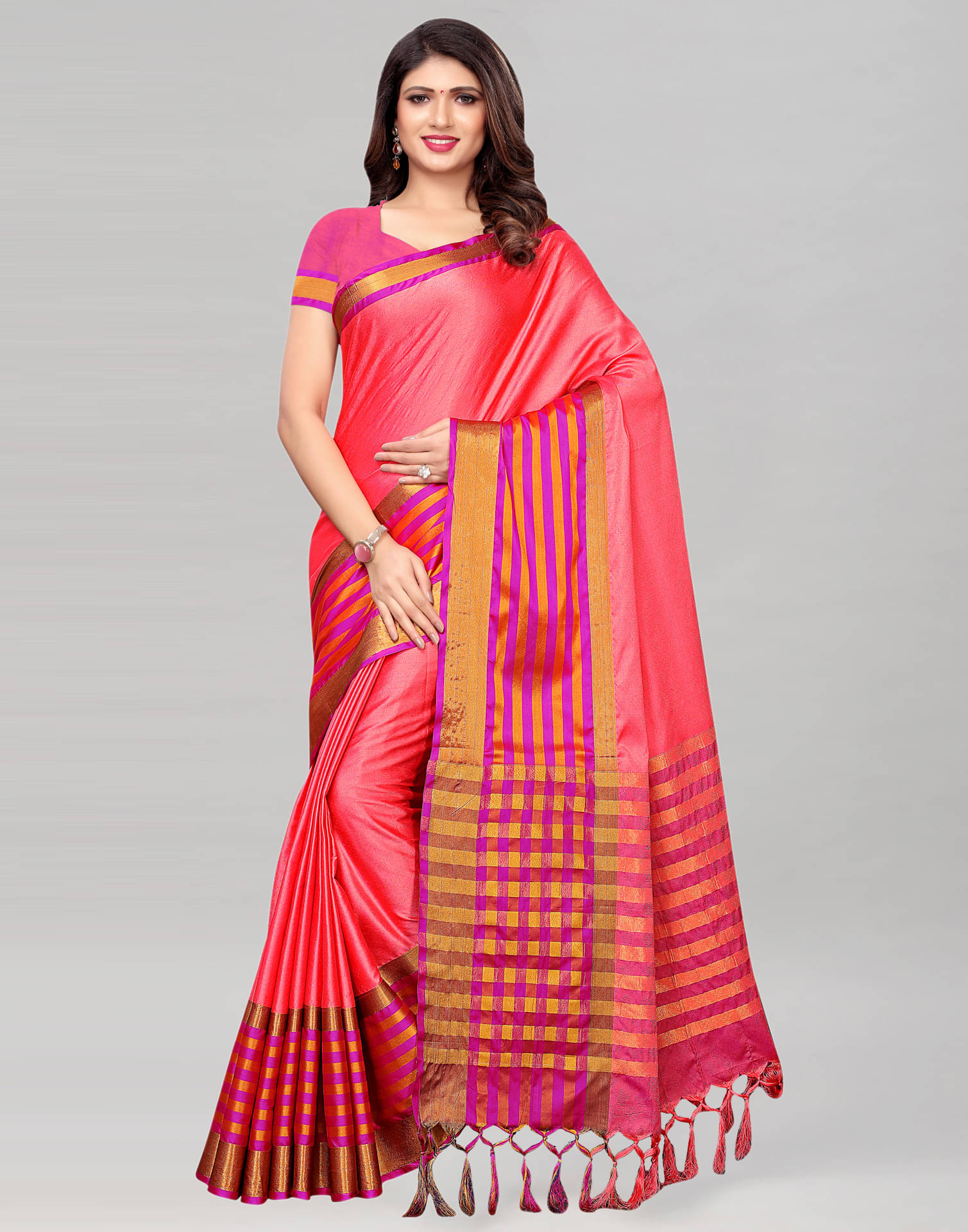 Samah Silk Self Design Saree With Unstitched Blouse Piece ( Pink ) Samah Silk Self Design Saree With Unstitched Blouse Piece ( Pink )