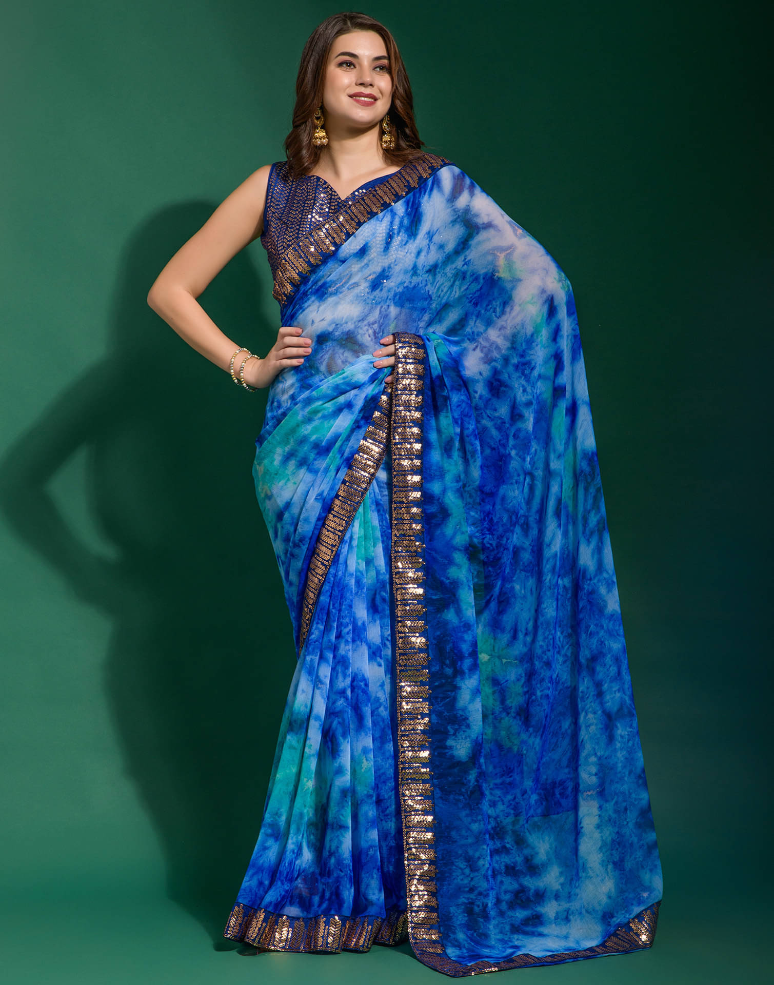     			Satrani Chiffon Printed Saree With Unstitched Blouse Piece ( Blue )