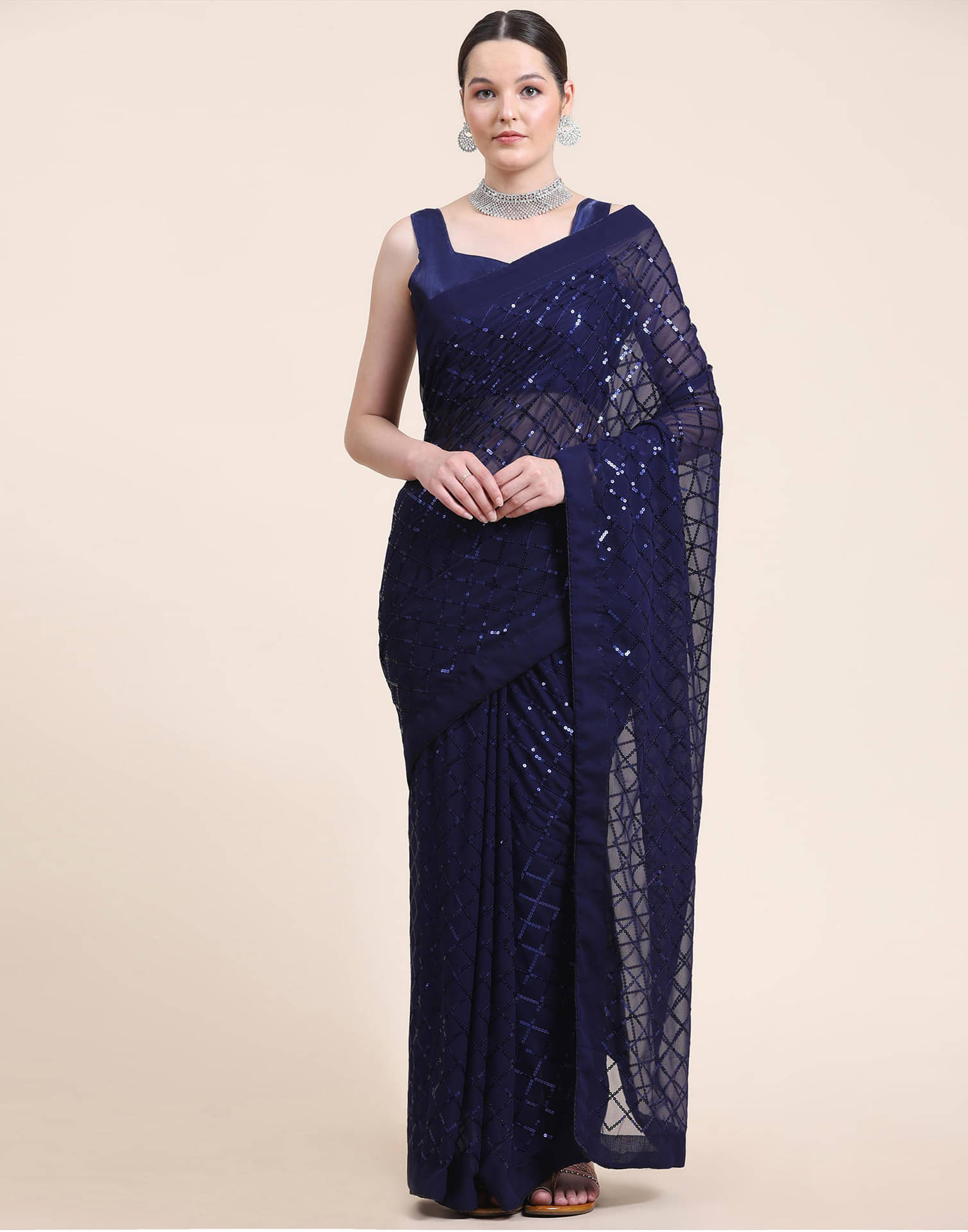 Satrani Georgette Embellished Saree With Unstitched Blouse Piece ( Navy Blue ) Satrani Georgette Embellished Saree With Unstitched Blouse Piece ( Navy Blue )