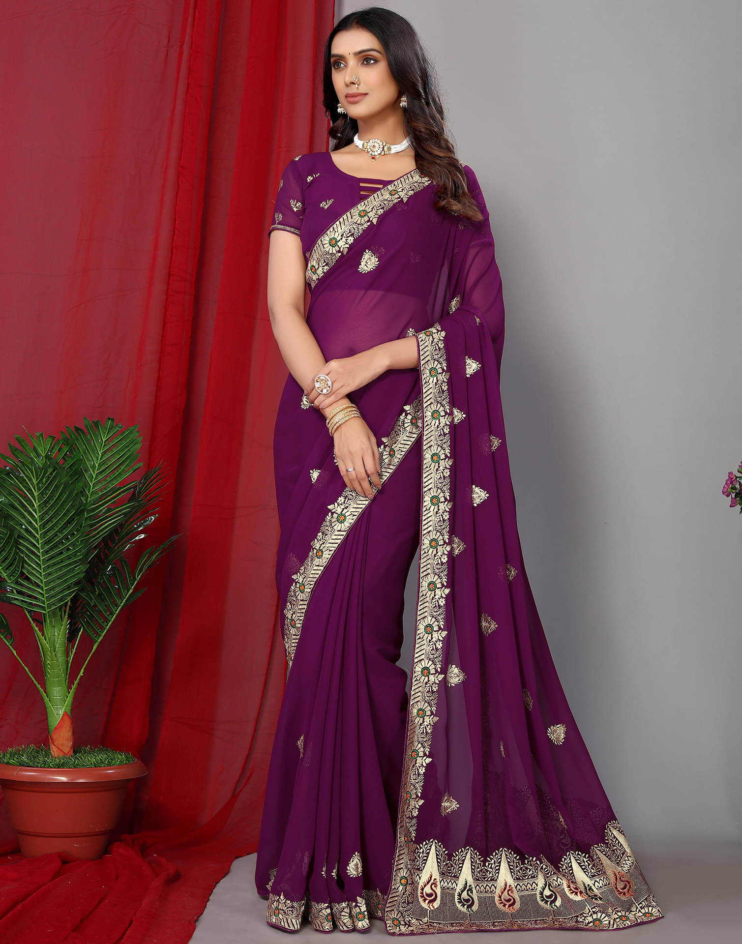 Satrani Georgette Embroidered Saree With Unstitched Blouse Piece ( Wine ) Satrani Georgette Embroidered Saree With Unstitched Blouse Piece ( Wine )