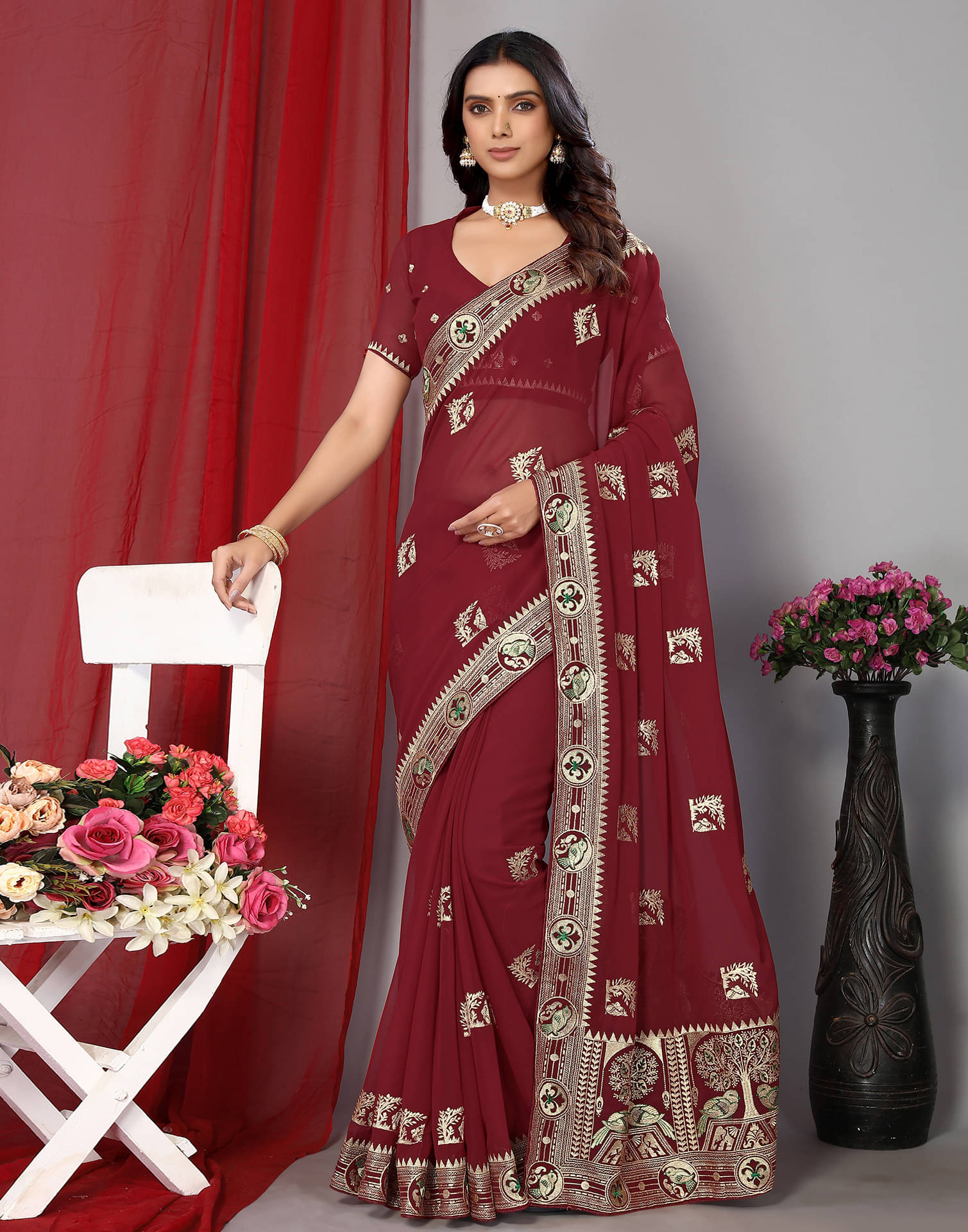     			Satrani Georgette Embroidered Saree With Unstitched Blouse Piece ( Maroon )