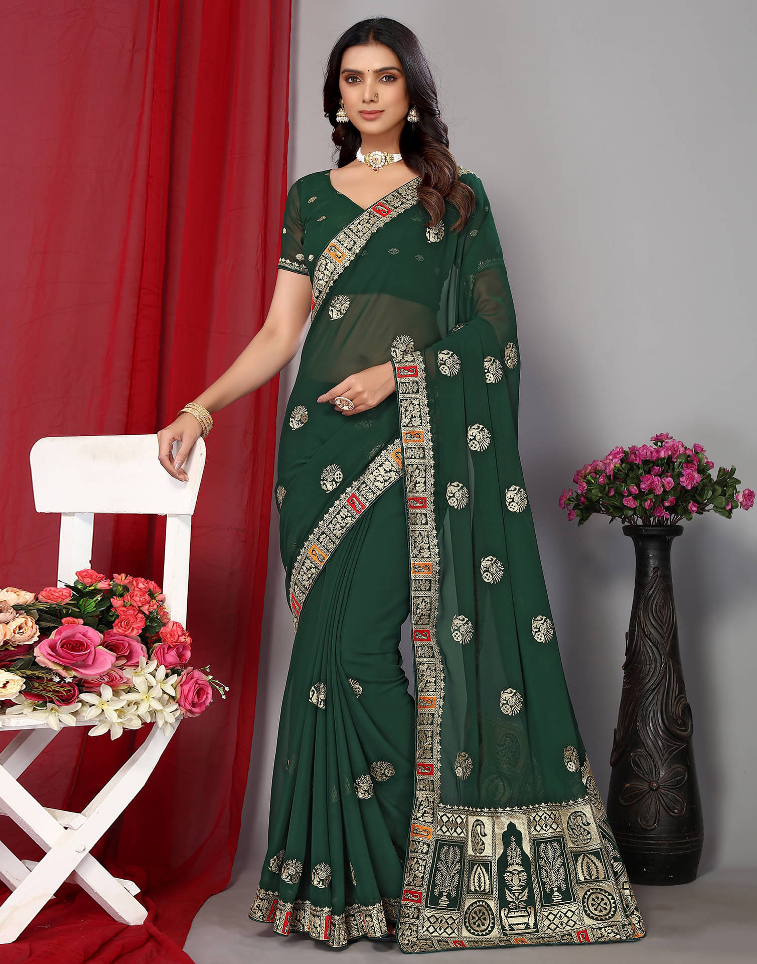 Satrani Georgette Embroidered Saree With Unstitched Blouse Piece ( Green ) Satrani Georgette Embroidered Saree With Unstitched Blouse Piece ( Green )