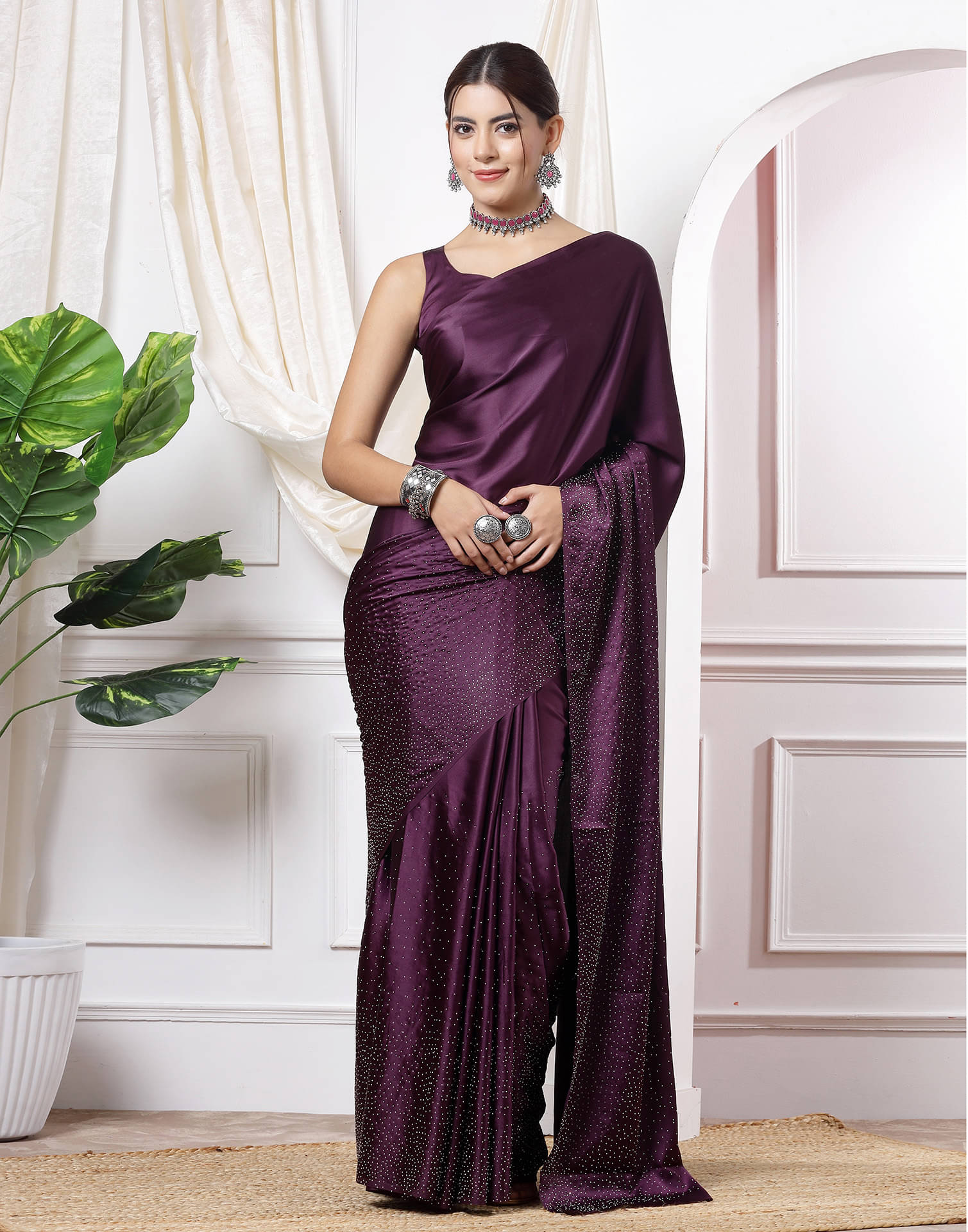 Satrani Satin Embellished Saree With Unstitched Blouse Piece ( Wine ) Satrani Satin Embellished Saree With Unstitched Blouse Piece ( Wine )