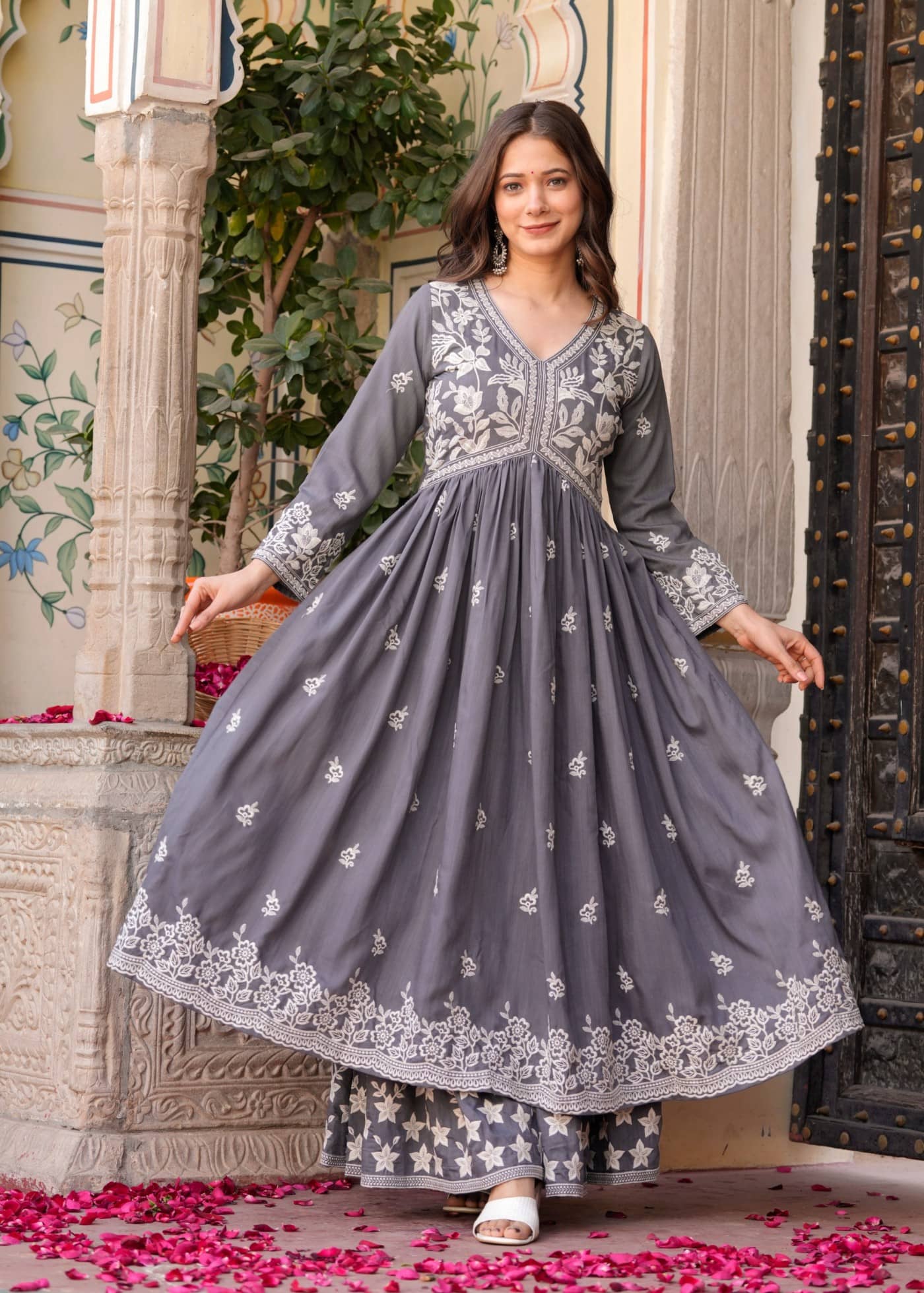 Estela Rayon Embroidered Kurti With Palazzo Women's Stitched Salwar Suit - Grey ( Pack of 1 )
