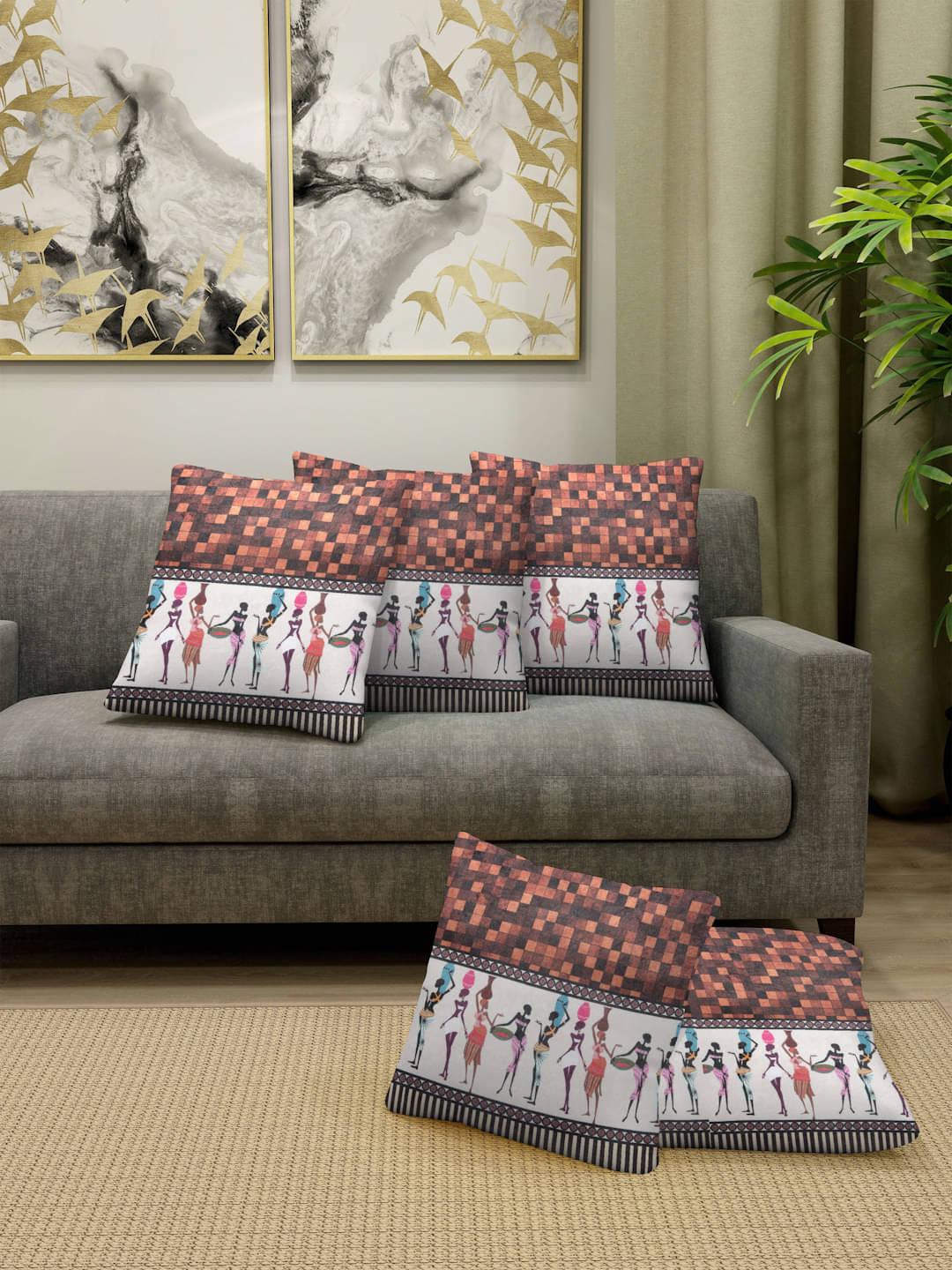 FABINALIV Set of 5 Cotton Blend Tribal Square Cushion Cover (40X40)cm - Rust FABINALIV Set of 5 Cotton Blend Tribal Square Cushion Cover (40X40)cm - Rust