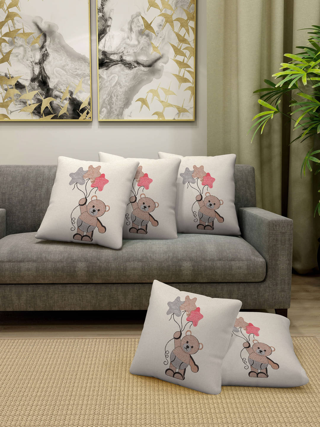     			FABINALIV Set of 5 Cotton Embroidered Square Cushion Cover (40X40)cm - Beige