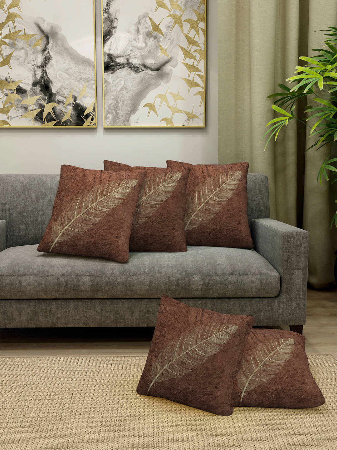     			FABINALIV Set of 5 Cotton Blend Nature Square Cushion Cover (40X40)cm - Brown
