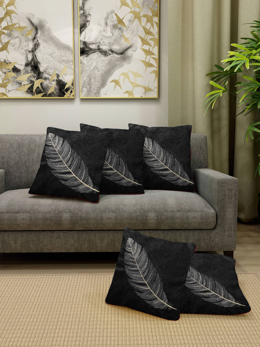     			FABINALIV Set of 5 Cotton Blend Nature Square Cushion Cover (40X40)cm - Black