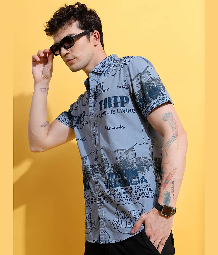 Ketch 100% Cotton Slim Fit Printed Half Sleeves Men's Casual Shirt - Blue ( Pack of 1 )