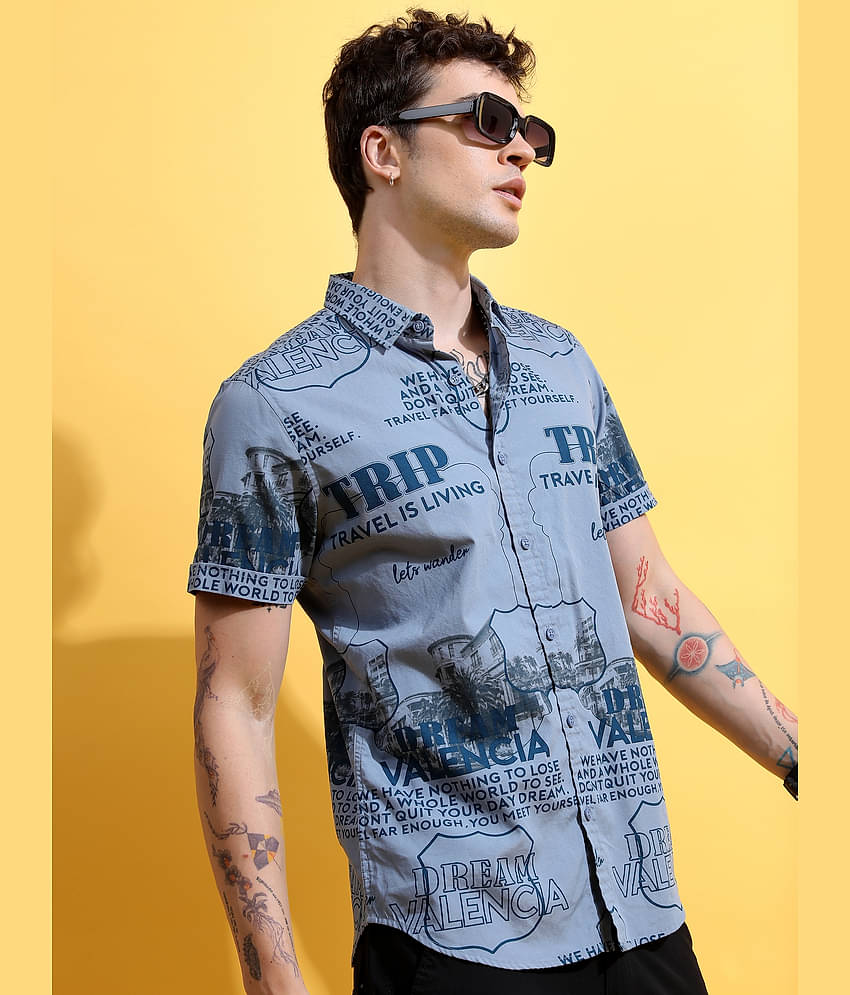 Ketch 100% Cotton Slim Fit Printed Half Sleeves Men's Casual Shirt - Blue ( Pack of 1 )