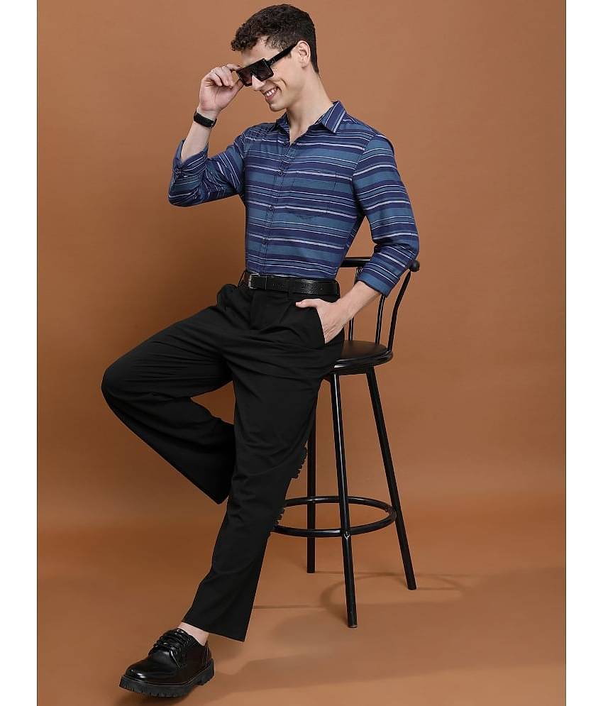 Ketch Cotton Blend Slim Fit Striped Full Sleeves Men's Casual Shirt - Navy Blue ( Pack of 1 )