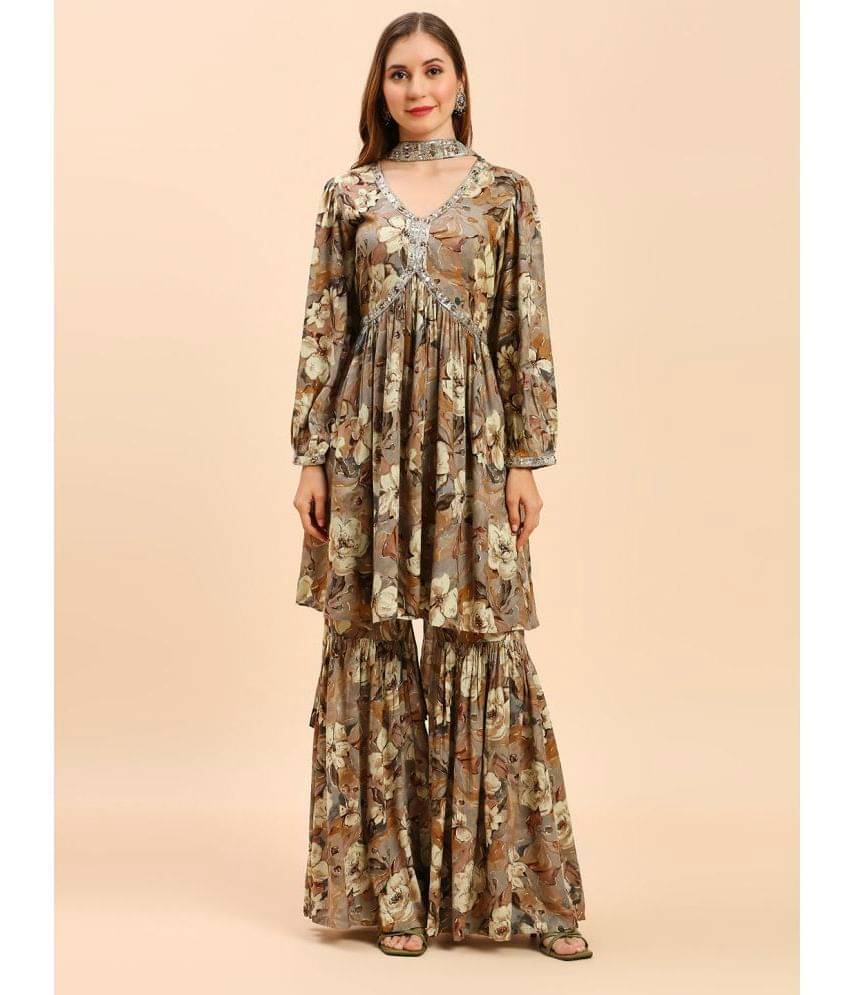 Madhuram Textiles Rayon Printed Kurti With Sharara And Gharara Women's Stitched Salwar Suit - Brown ( Pack of 1 )     			Madhuram Textiles Rayon Printed Kurti With Sharara And Gharara Women's Stitched Salwar Suit - Brown ( Pack of 1 )