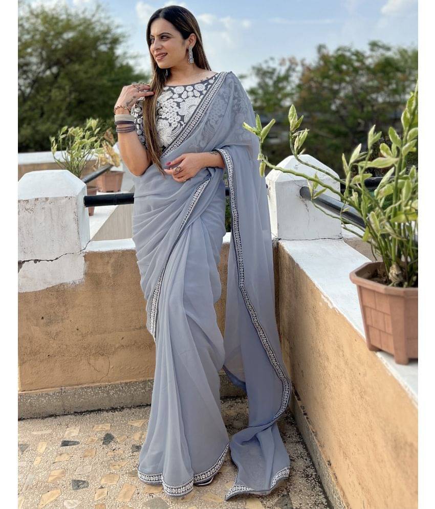 Satrani Georgette Solid Saree With Unstitched Blouse Piece ( Grey ) Satrani Georgette Solid Saree With Unstitched Blouse Piece ( Grey )