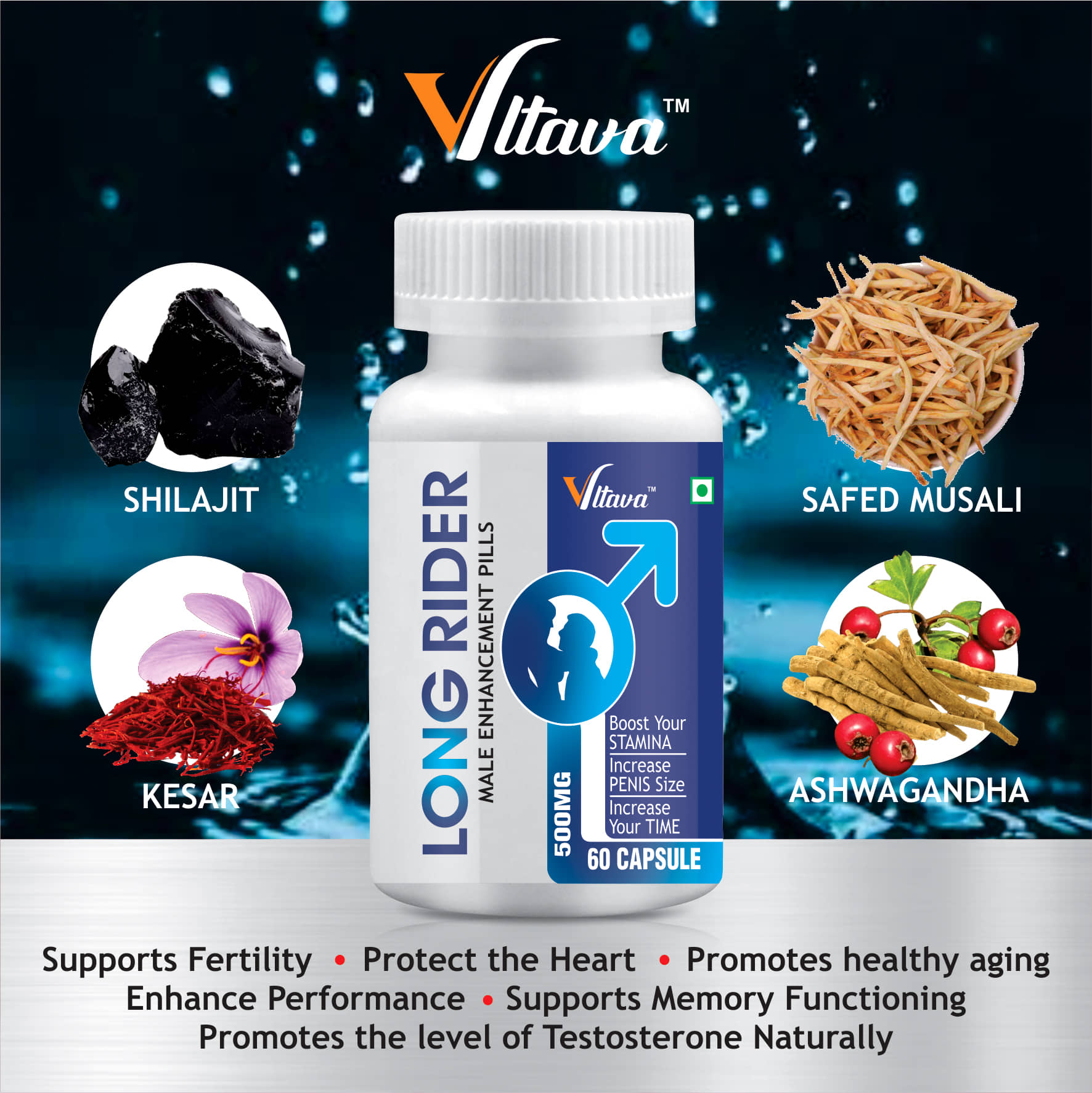Vltava Long Rider Capsules for Men | Double Power & Long Performance 60 gm Unfalvoured Minerals Capsule