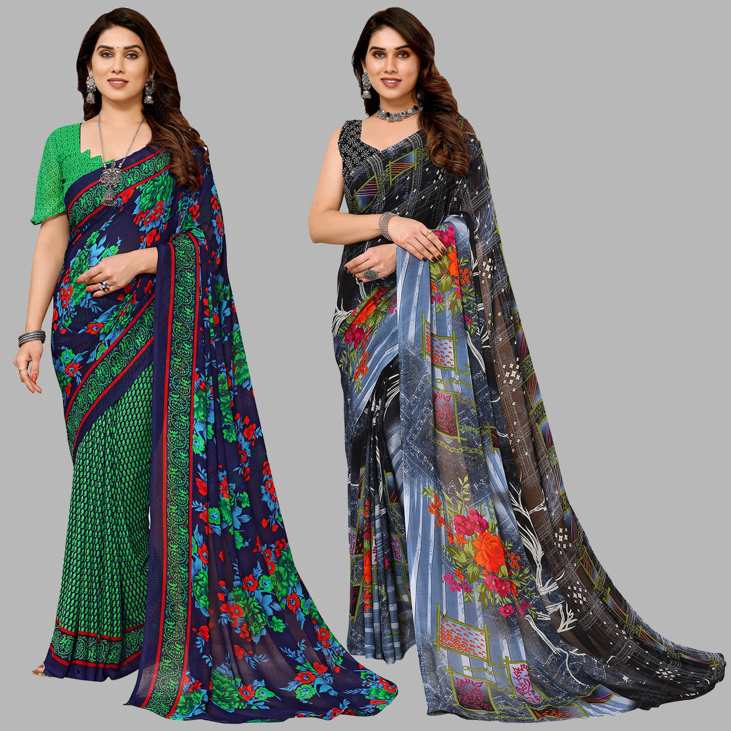 ANAND SAREES Georgette Printed Saree With Unstitched Blouse Piece ( Multicolour ) - Sarees | Buy online on ZillyBuy