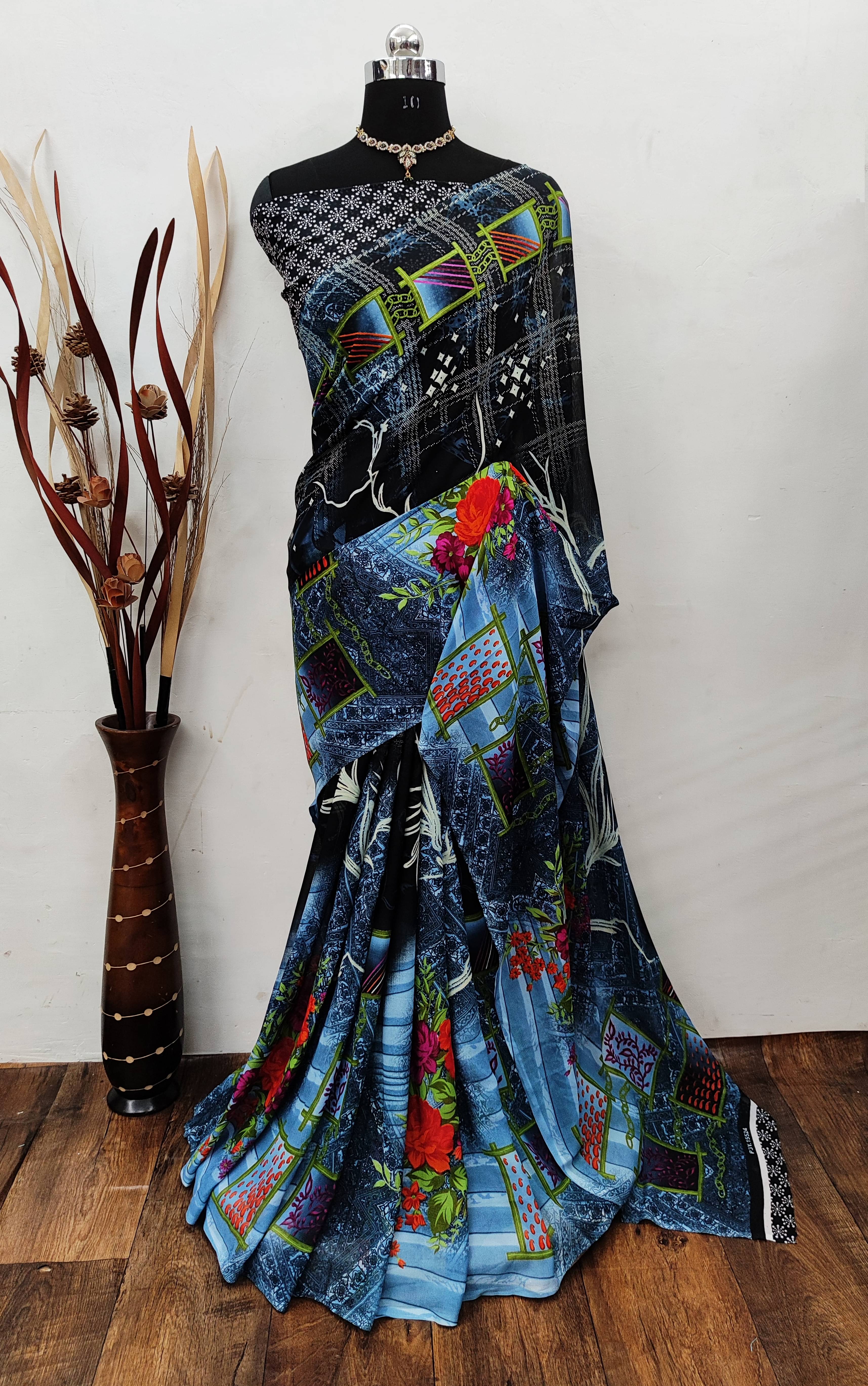 ANAND SAREES Georgette Printed Saree With Unstitched Blouse Piece ( Blue ) ANAND SAREES Georgette Printed Saree With Unstitched Blouse Piece ( Blue )