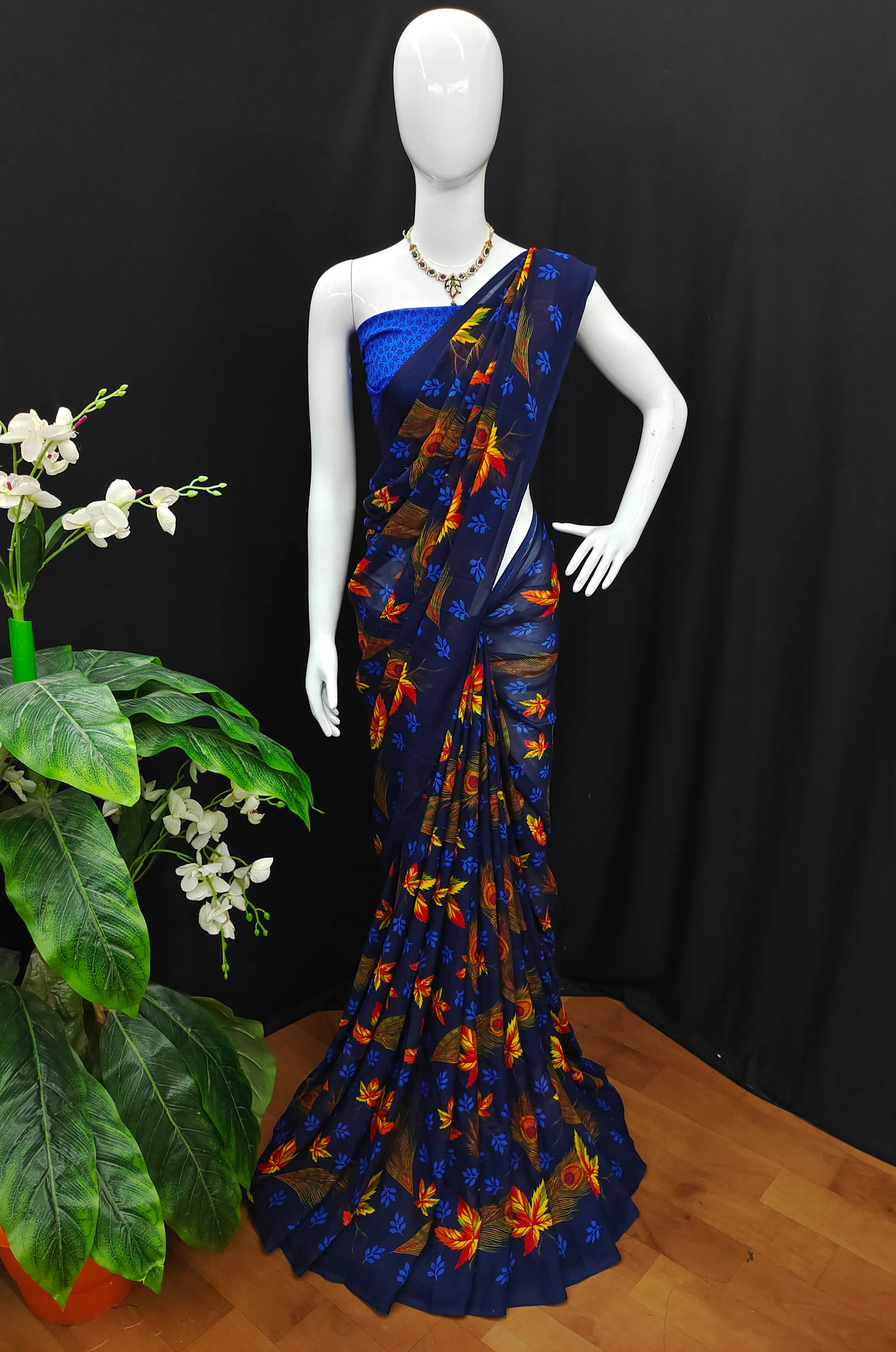 ANAND SAREES Georgette Printed Saree With Unstitched Blouse Piece ( Navy Blue ) - Sarees | Buy online on ZillyBuy