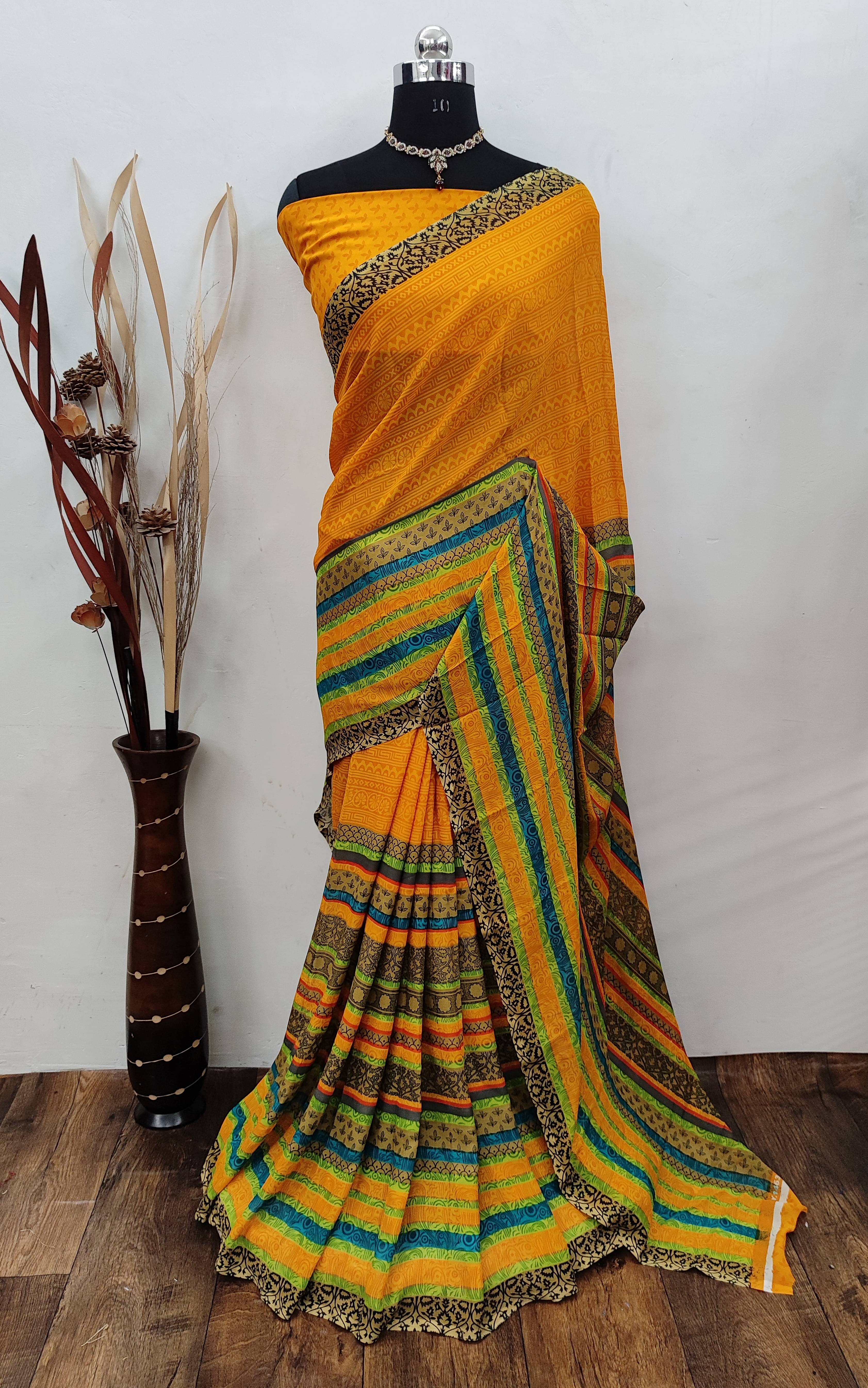 ANAND SAREES Georgette Printed Saree With Unstitched Blouse Piece ( Yellow )     			ANAND SAREES Georgette Printed Saree With Unstitched Blouse Piece ( Yellow )