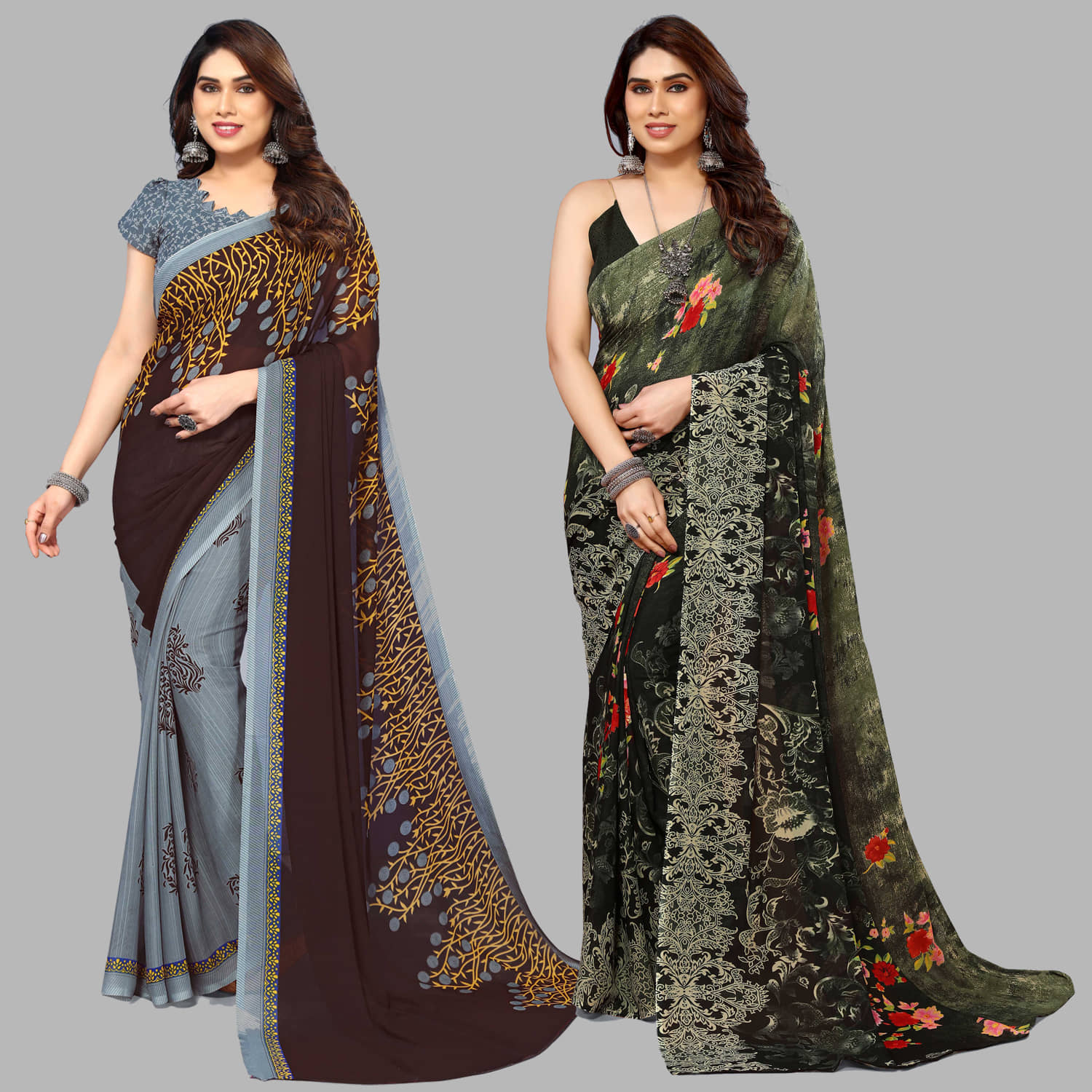 ANAND SAREES Georgette Printed Saree With Unstitched Blouse Piece ( Multicolour ) - Sarees | Buy online on ZillyBuy